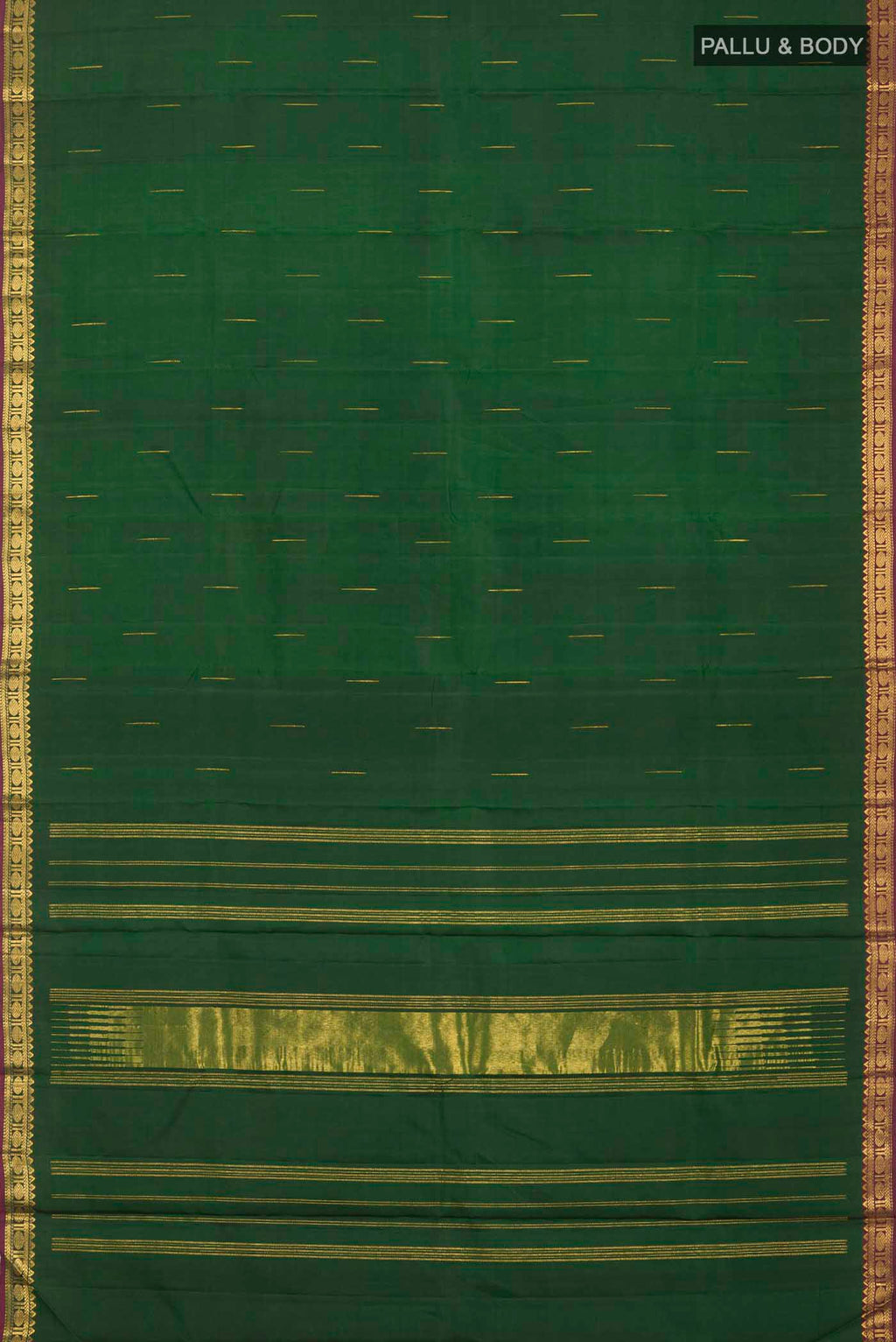 Flat view of Green Kanchipuram Silk Saree with Zari Butta on the body and Zari Border