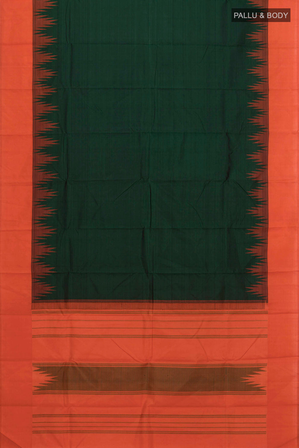 Flat view of Green Kanchipuram Silk Saree with Plain Body and Temple Border