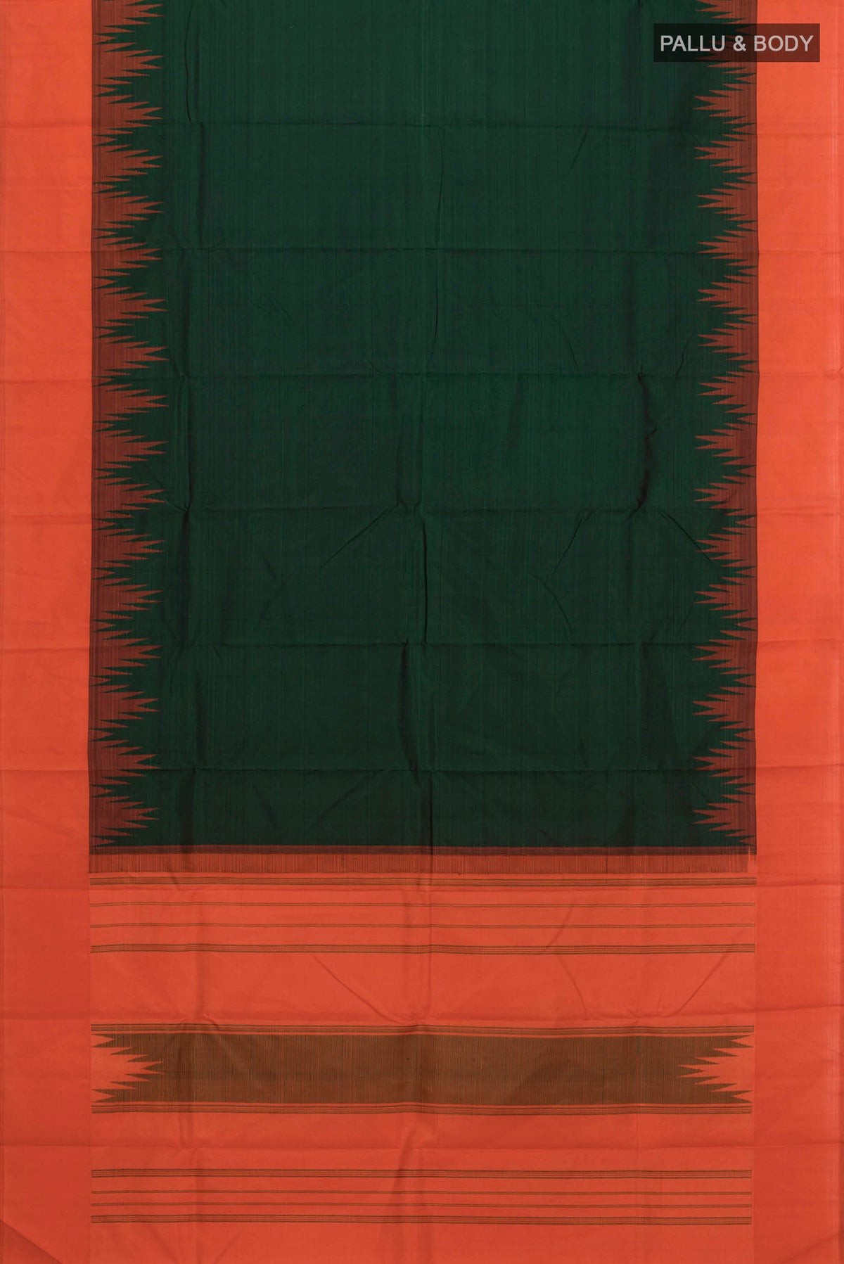 Flat view of Green Kanchipuram Silk Saree with Plain Body and Temple Border