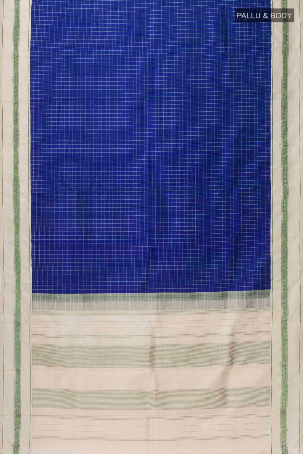 Flat view of Blue Kanchipuram Silk Saree with Checked design on the body and Thread Border