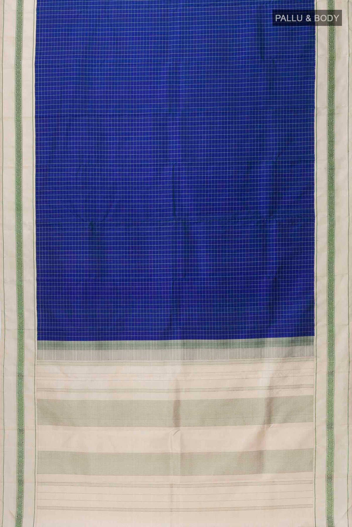 Flat view of Blue Kanchipuram Silk Saree with Checked design on the body and Thread Border