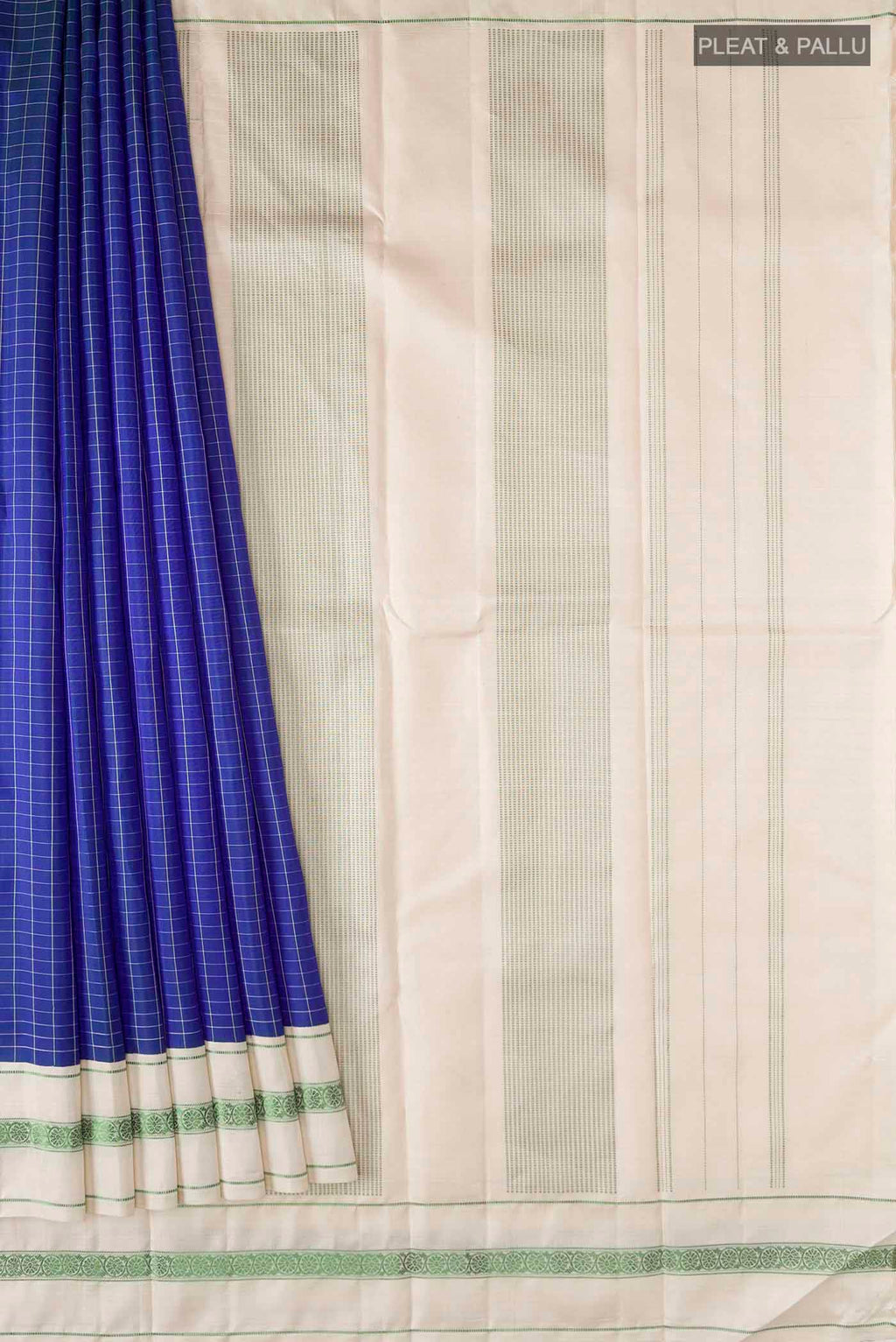 Pleats and pallu of Blue Kanchipuram Silk Saree with Checked design on the body and Thread Border