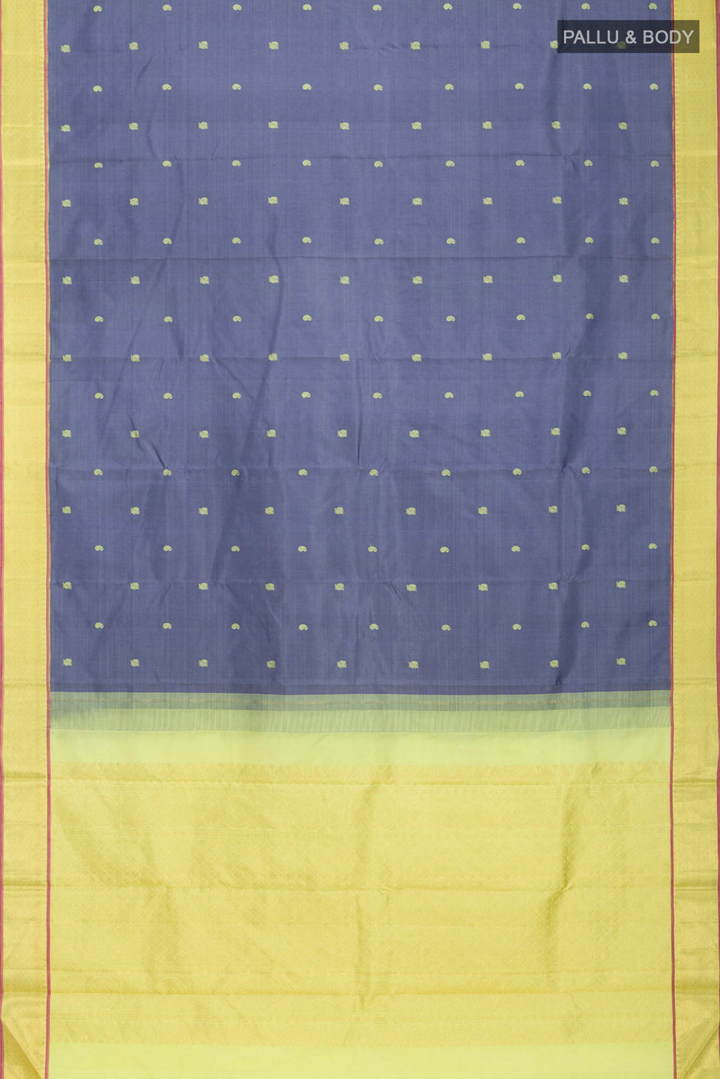 Flat view of Blue Kanchipuram Silk Saree with Thread Butta on the body and Zari Border