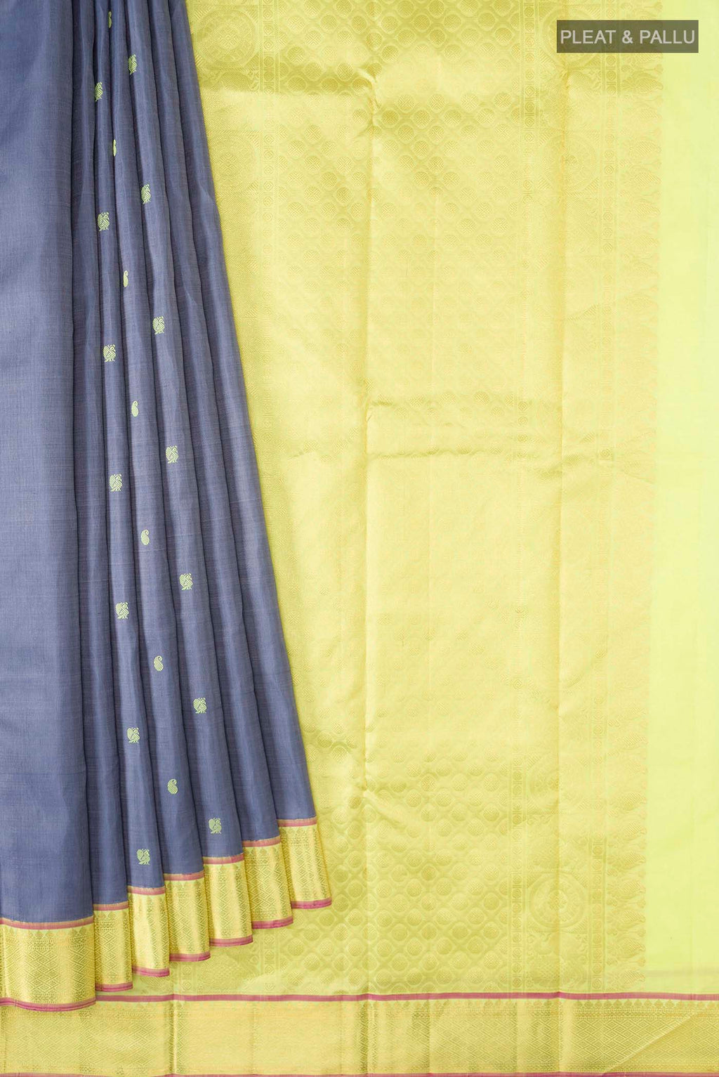 Pleats and pallu of Blue Kanchipuram Silk Saree with Thread Butta on the body and Zari Border
