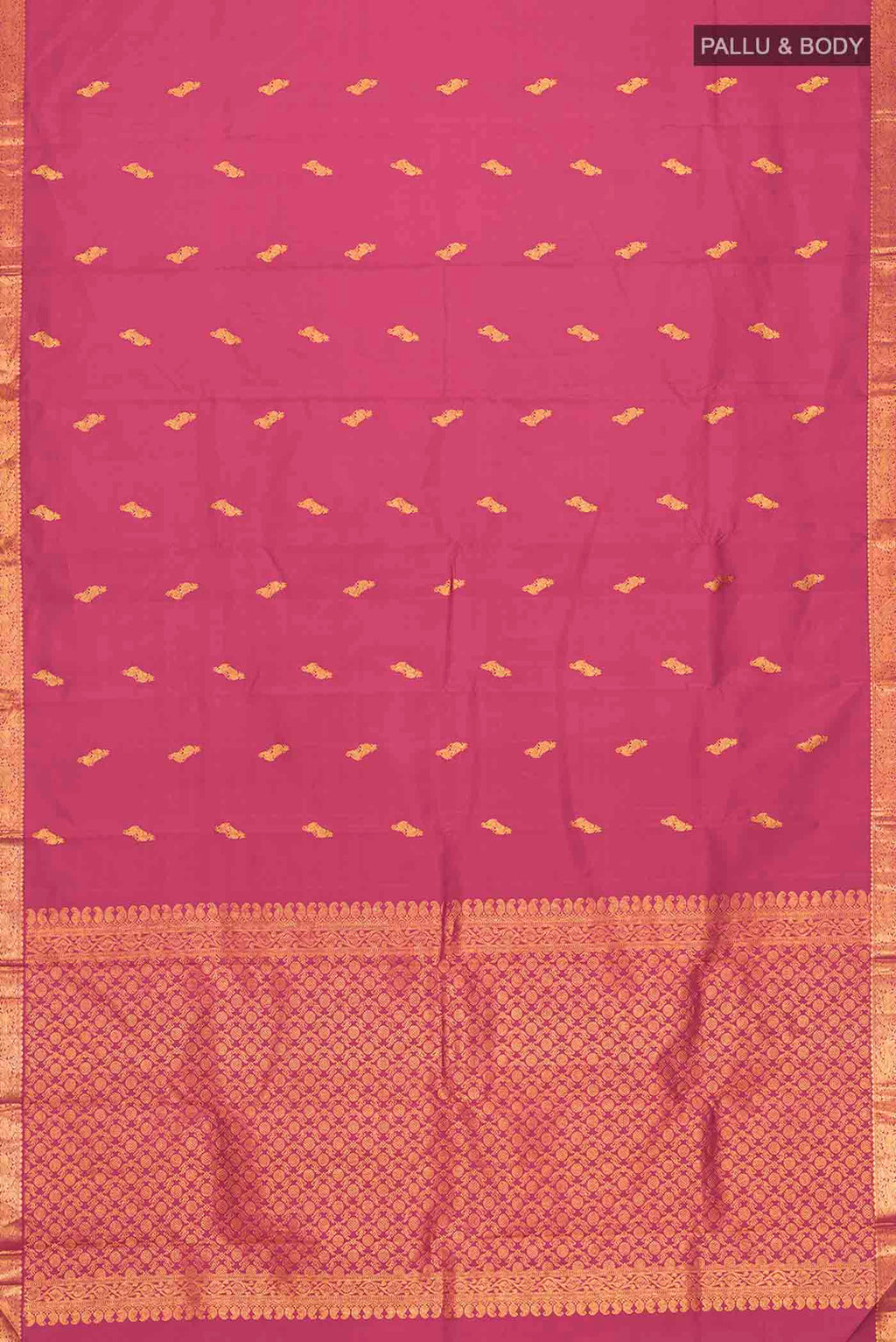 Flat view of Maroon Kanchipuram Silk Saree with Zari Butta on the body and Zari Border