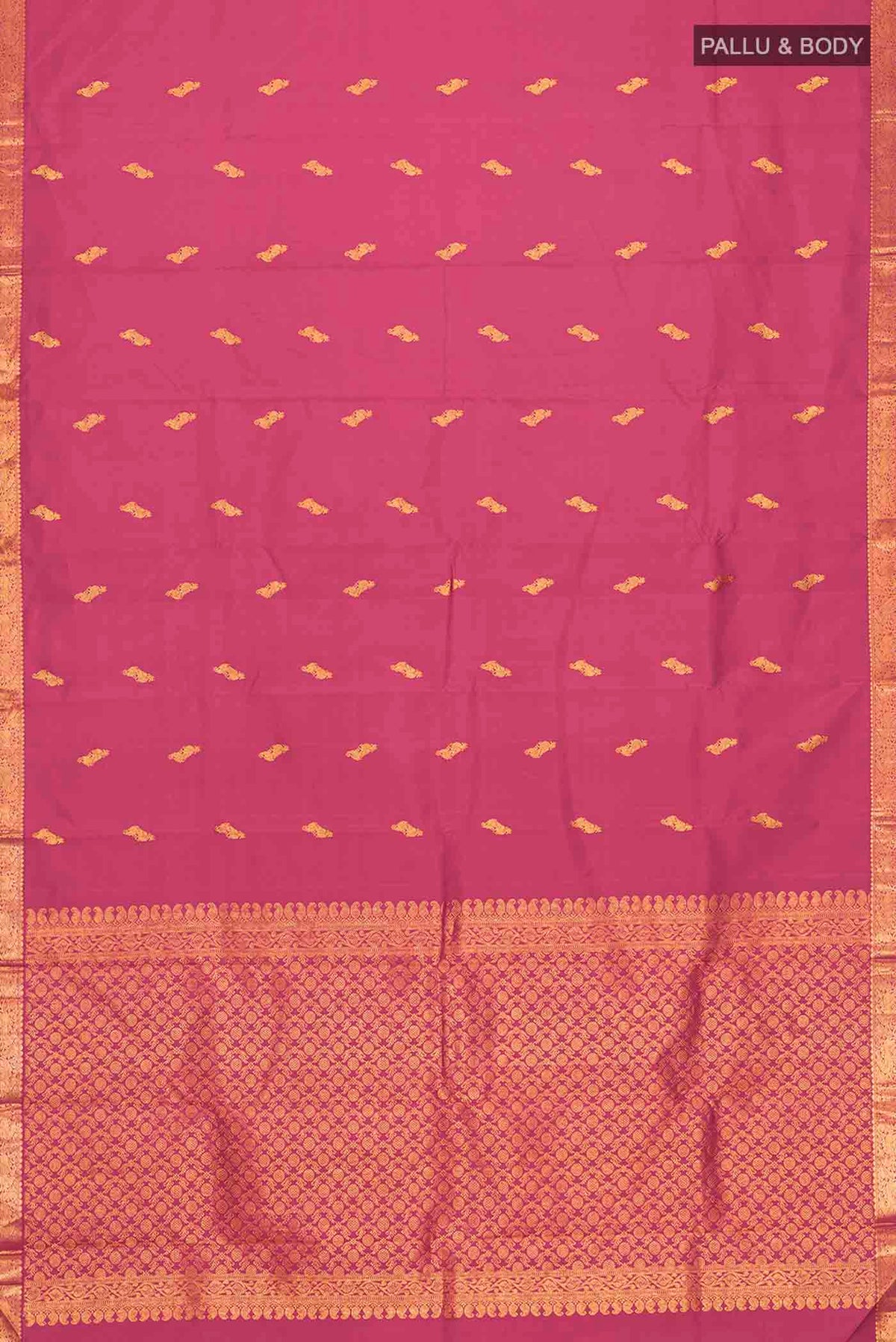 Flat view of Maroon Kanchipuram Silk Saree with Zari Butta on the body and Zari Border