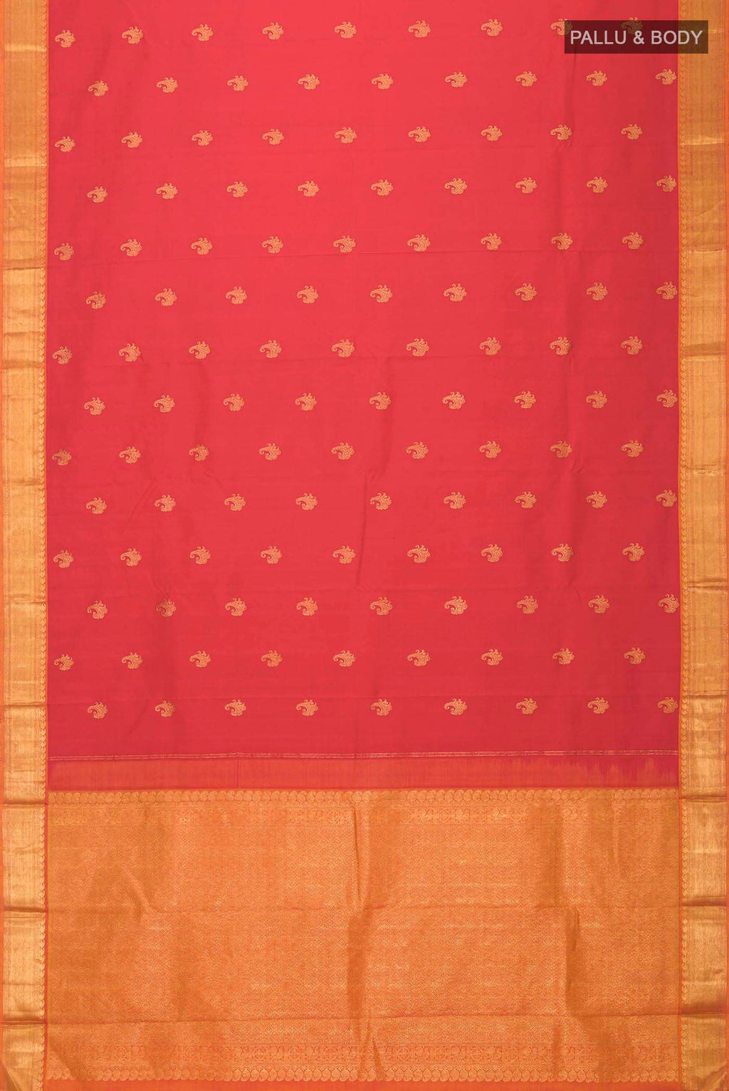 Flat view of Red Kanchipuram Silk Saree with Zari Butta on the body and Zari Border