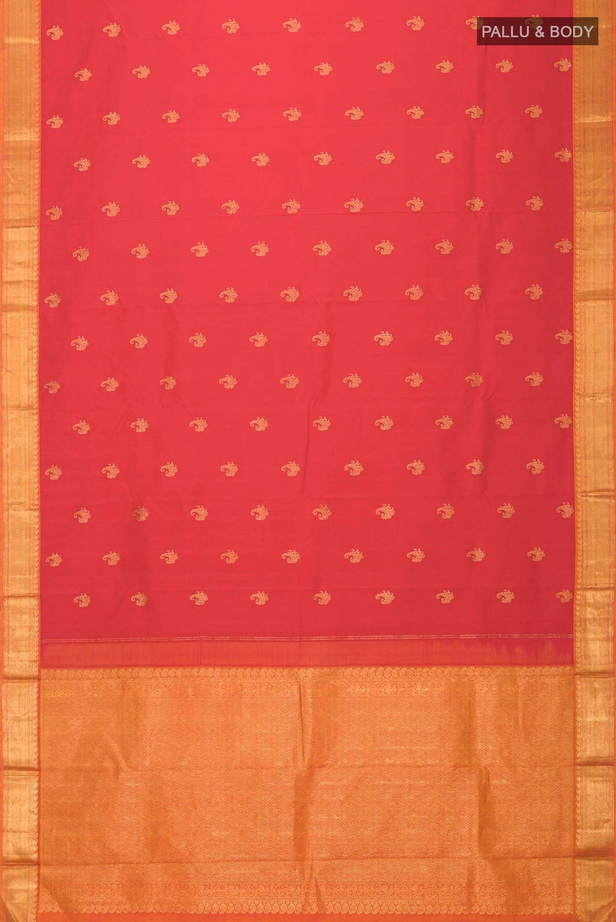 Flat view of Red Kanchipuram Silk Saree with Zari Butta on the body and Zari Border