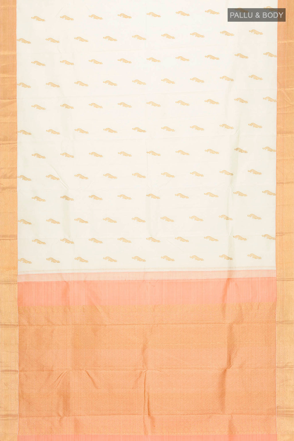 Flat view of Cream Kanchipuram Silk Saree with Zari Butta on the body and Zari Border