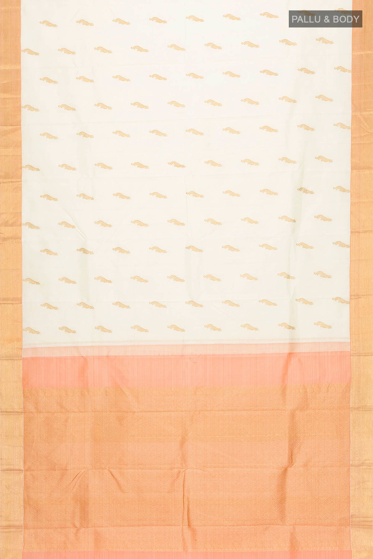 Flat view of Cream Kanchipuram Silk Saree with Zari Butta on the body and Zari Border