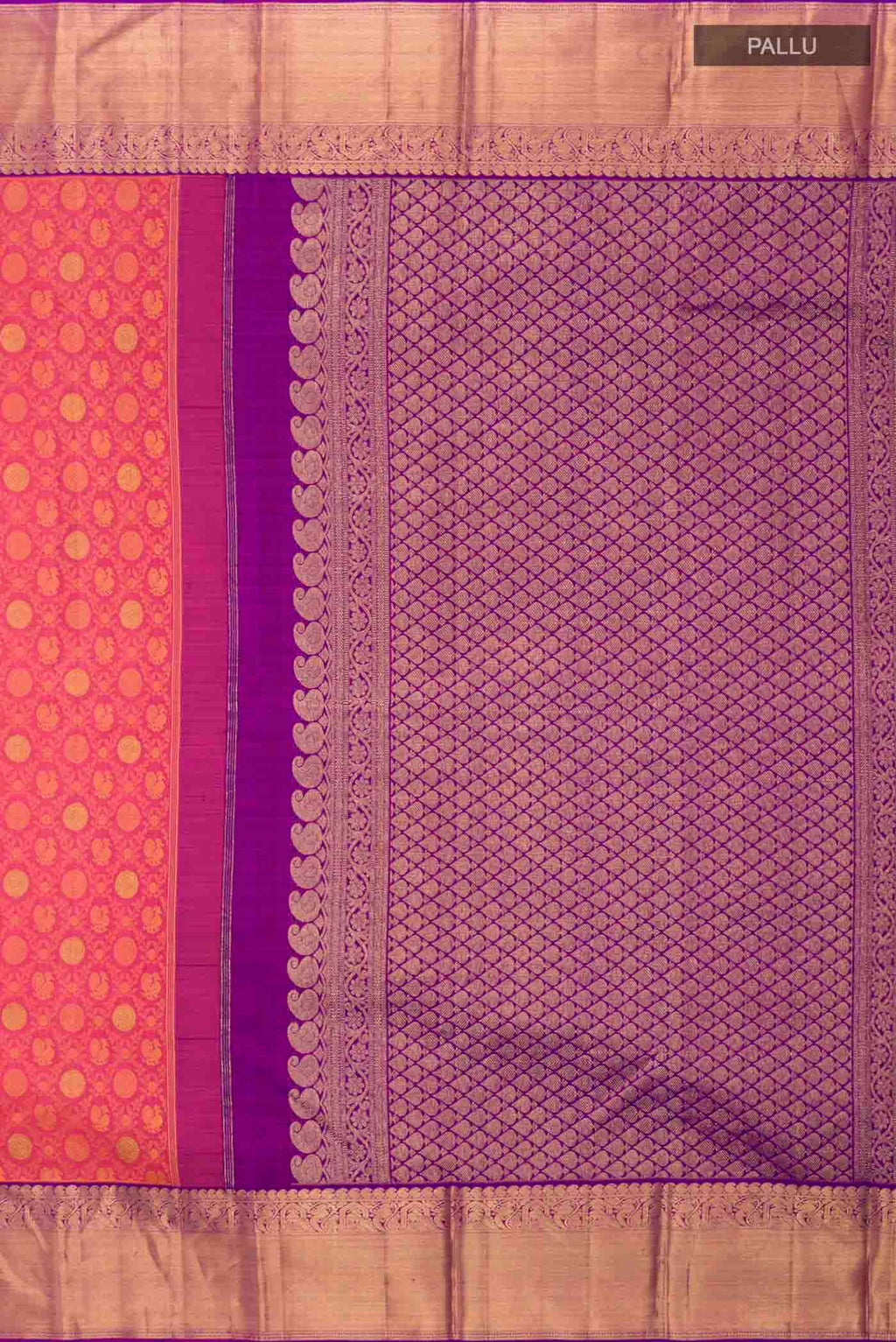 Close up image of the pallu of Pink Kanchipuram Silk Saree with Jacquard With Zari Butta on the body and Zari Border