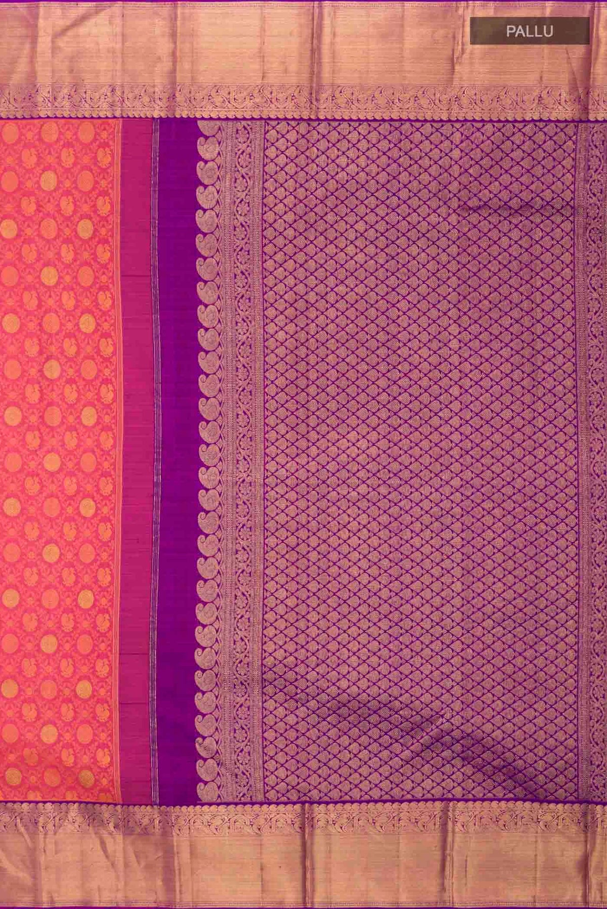 Close up image of the pallu of Pink Kanchipuram Silk Saree with Jacquard With Zari Butta on the body and Zari Border