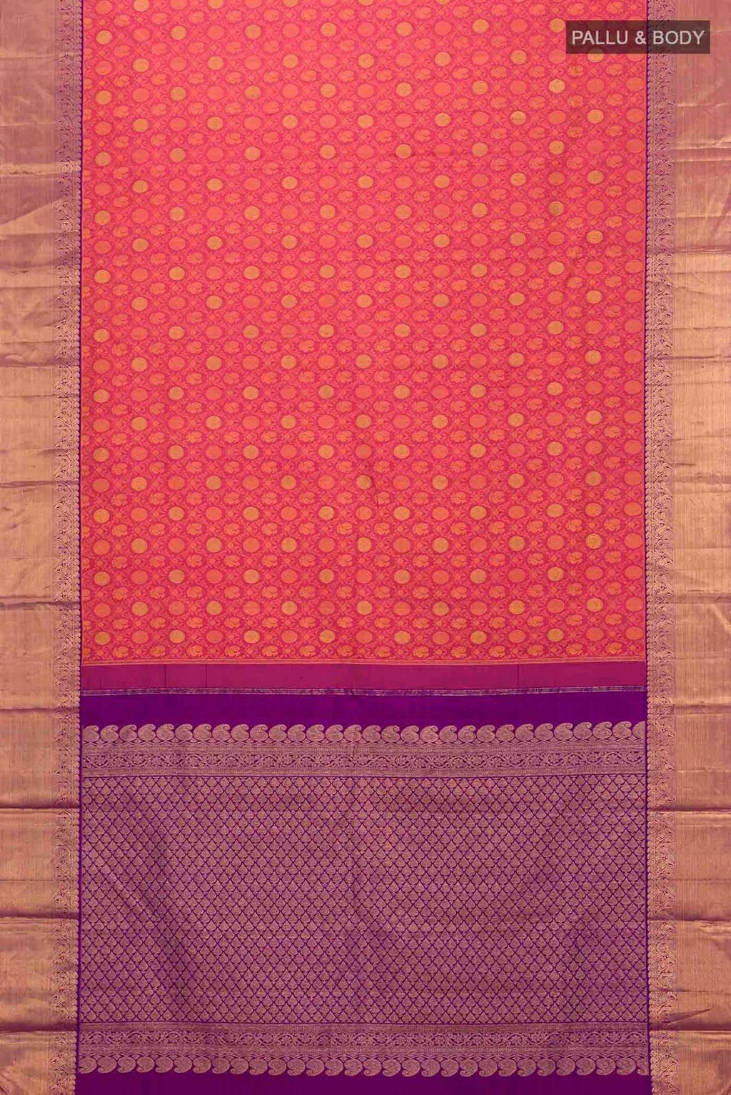 Flat view of Pink Kanchipuram Silk Saree with Jacquard With Zari Butta on the body and Zari Border