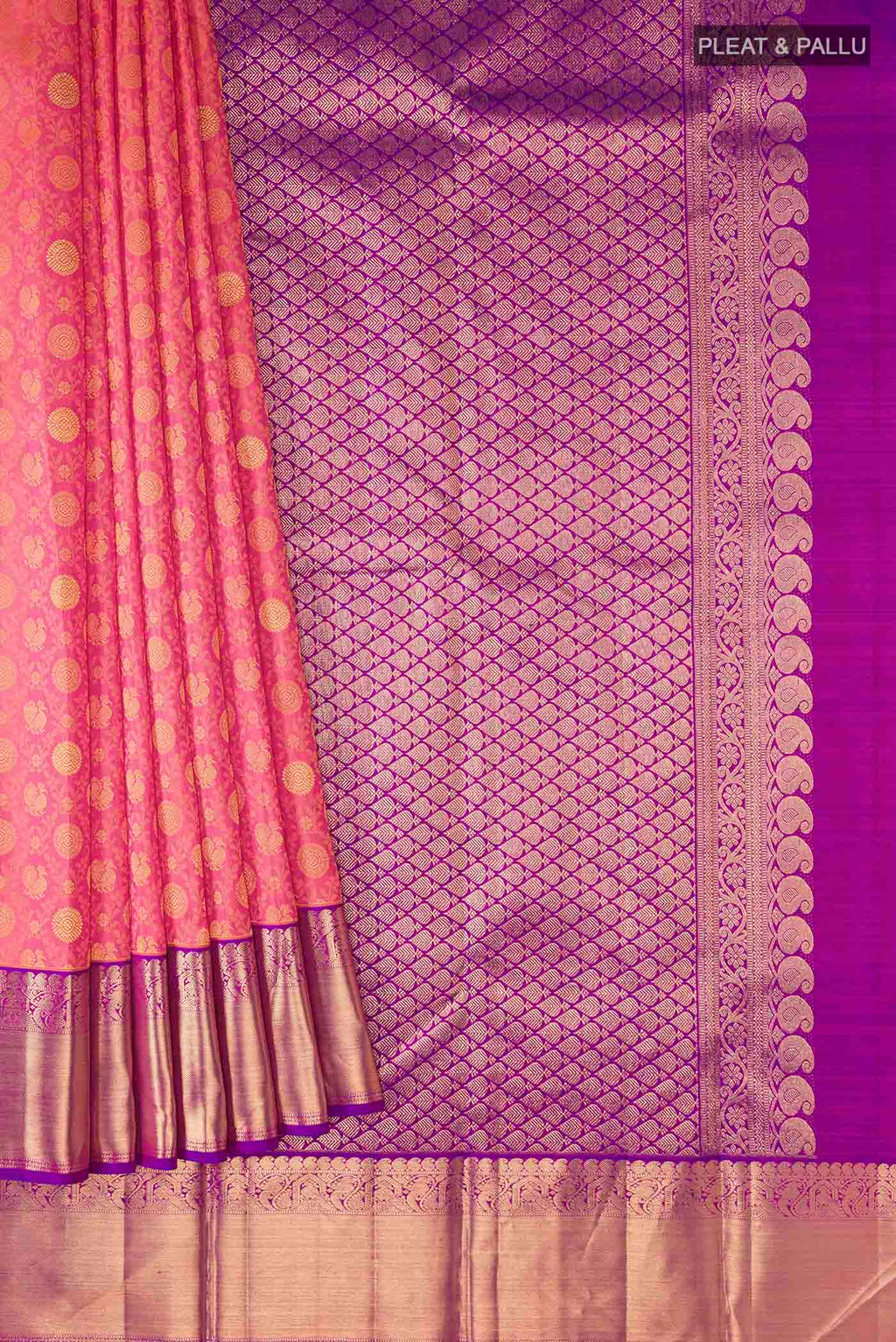 Pleats and pallu of Pink Kanchipuram Silk Saree with Jacquard With Zari Butta on the body and Zari Border