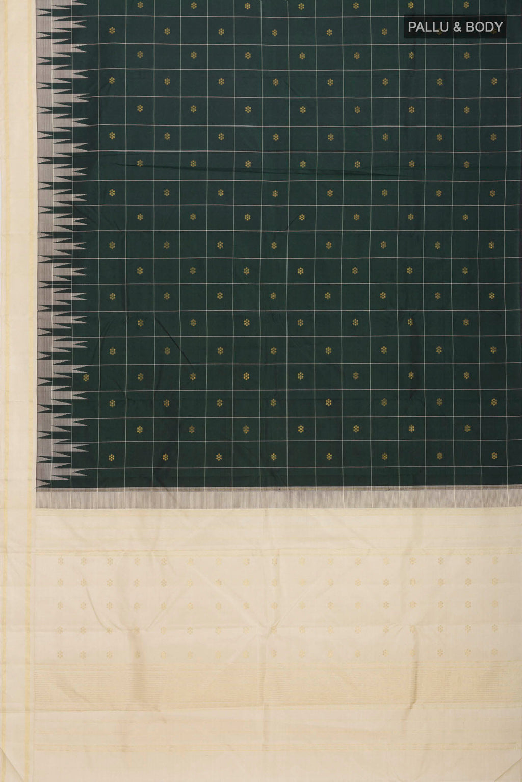 Flat view of Green Kanchipuram Silk Saree with Zari Butta on the body and Zari Border