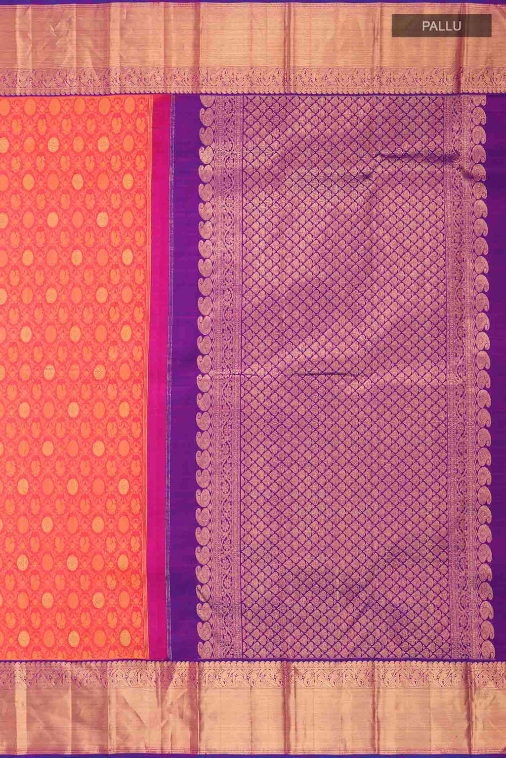Close up image of the pallu of Pink Kanchipuram Silk Saree with Jacquard With Zari Butta on the body and Zari Border