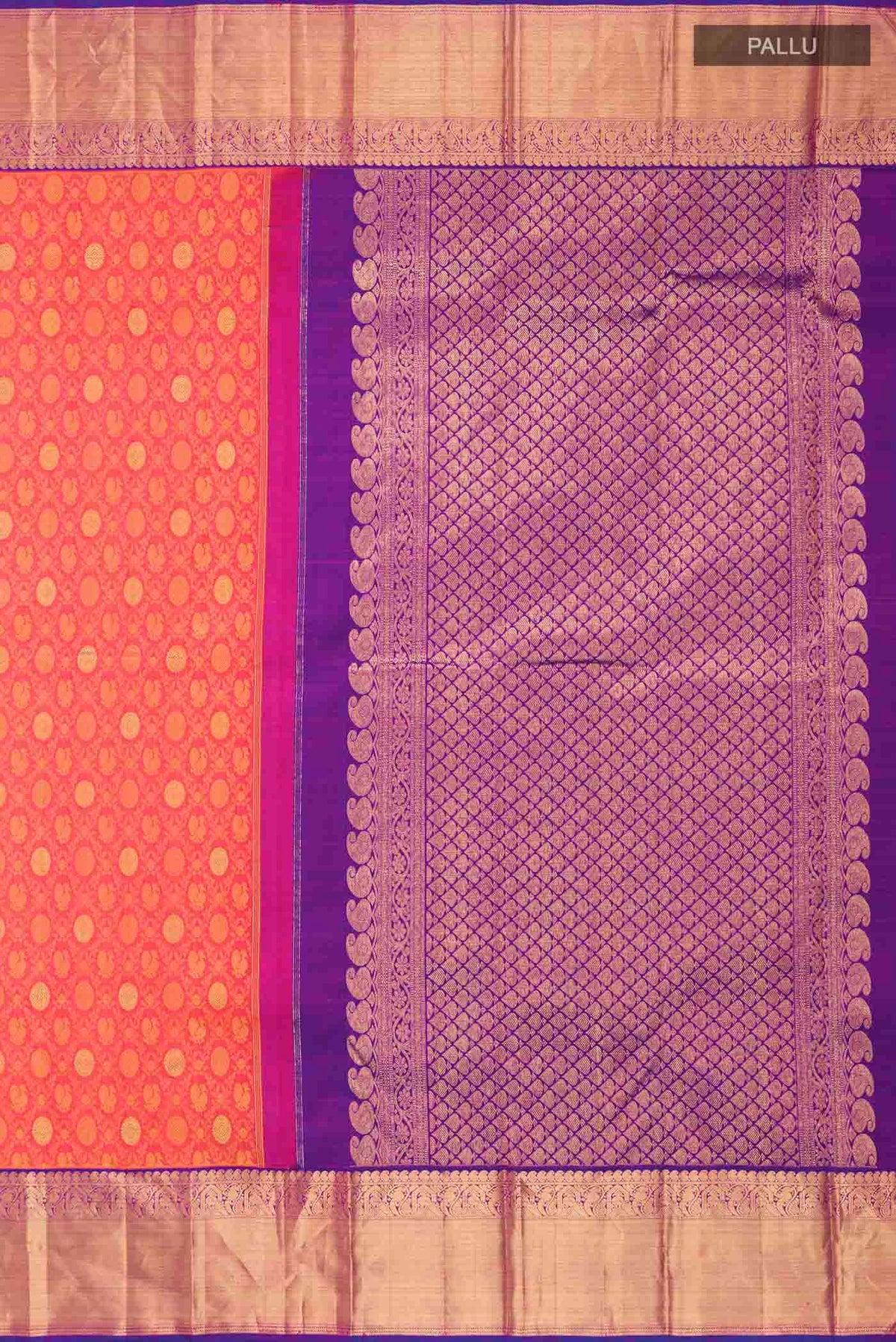 Close up image of the pallu of Pink Kanchipuram Silk Saree with Jacquard With Zari Butta on the body and Zari Border