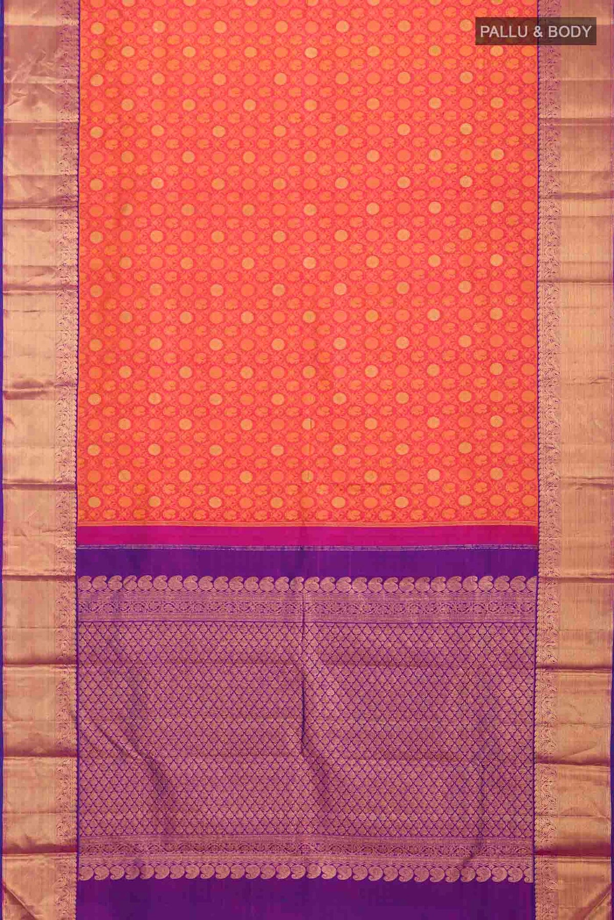 Flat view of Pink Kanchipuram Silk Saree with Jacquard With Zari Butta on the body and Zari Border