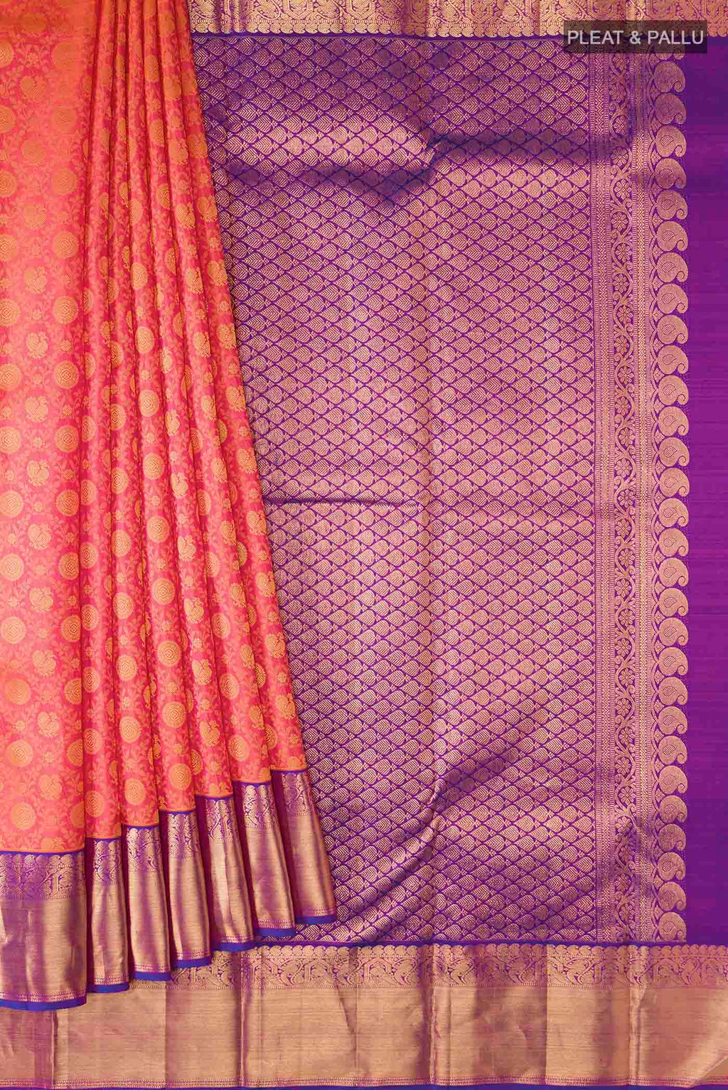 Pleats and pallu of Pink Kanchipuram Silk Saree with Jacquard With Zari Butta on the body and Zari Border