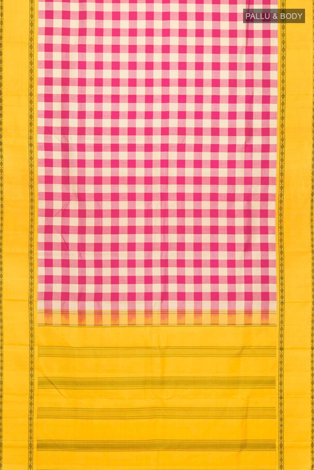 Flat view of Multi Color Kanchipuram Silk Saree with Checked design on the body and Thread Border