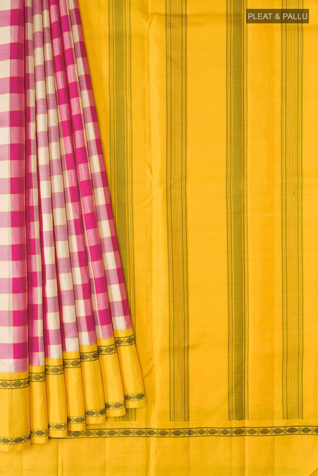 Pleats and pallu of Multi Color Kanchipuram Silk Saree with Checked design on the body and Thread Border