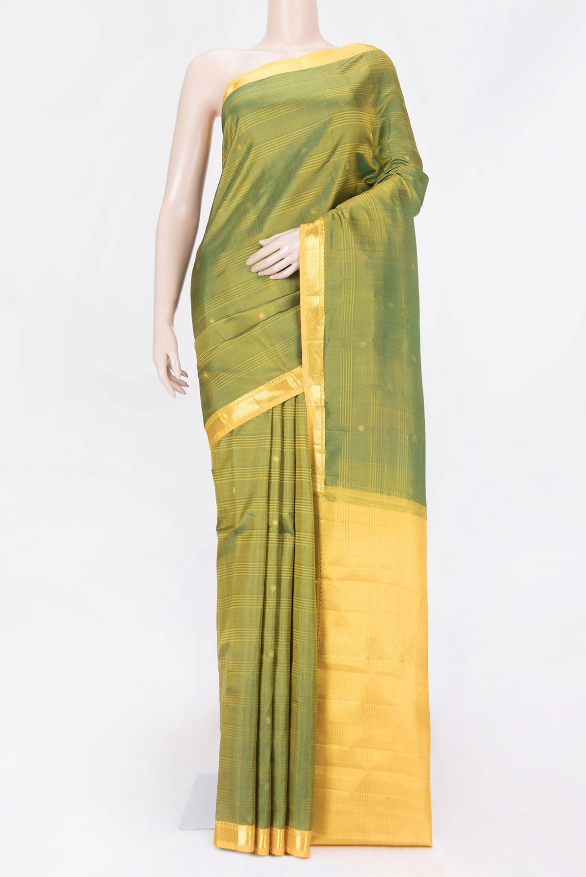 Mehandi Green Dual Tone Kanchipuram Saree with Zari Butta on the body and Zari Border displayed on a mannequin