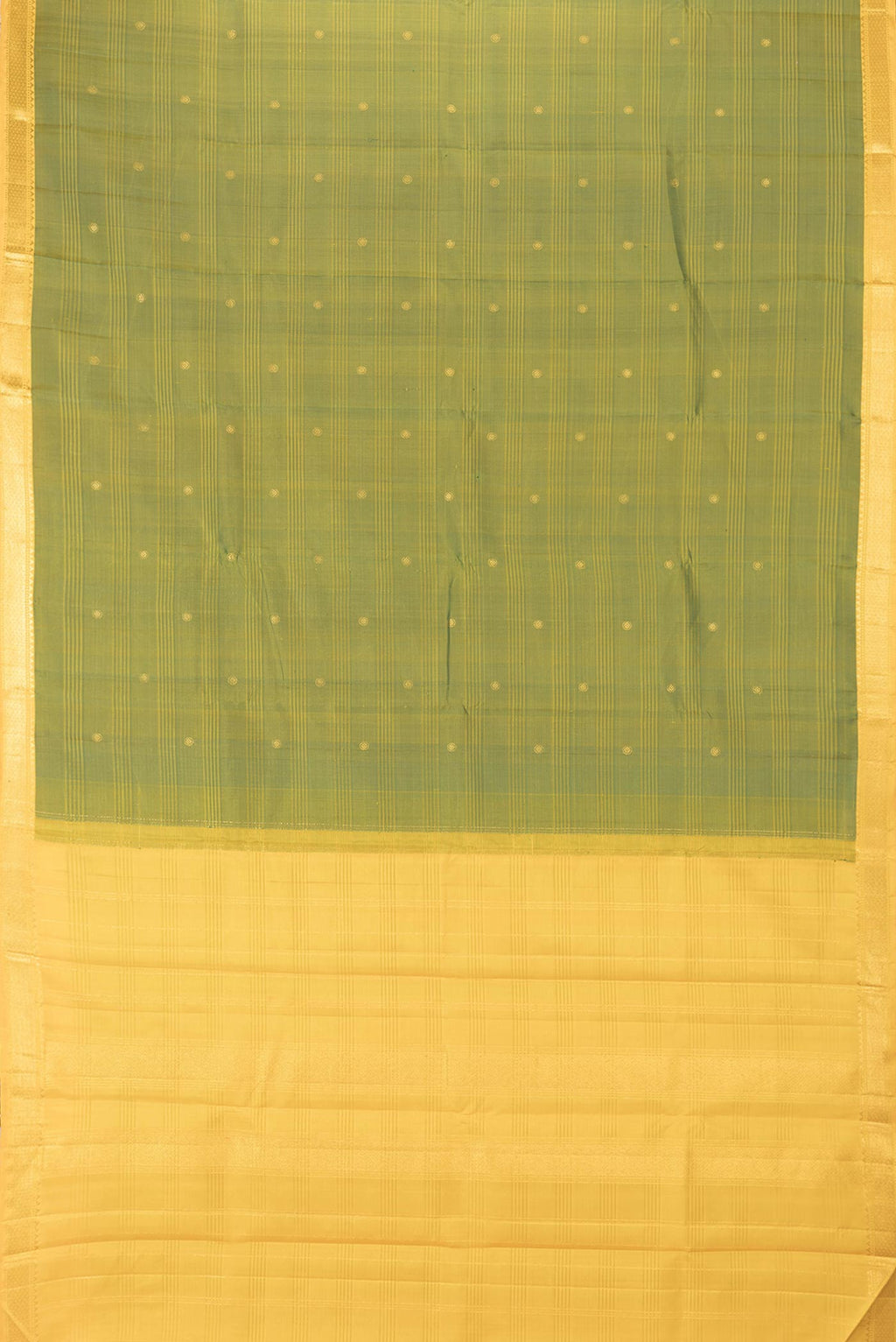 Flat view of Mehandi Green Dual Tone Kanchipuram Saree with Zari Butta on the body and Zari Border