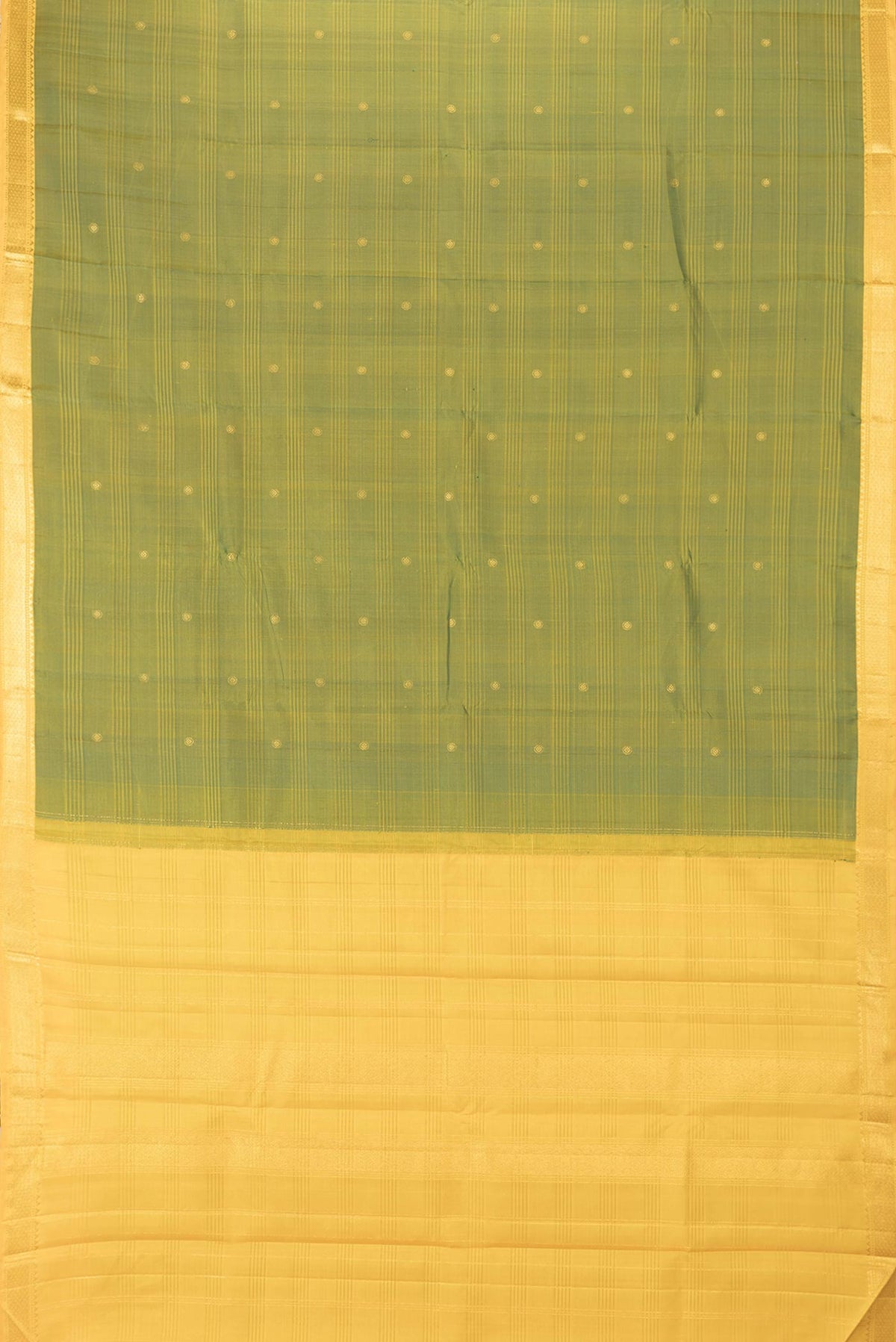 Flat view of Mehandi Green Dual Tone Kanchipuram Saree with Zari Butta on the body and Zari Border