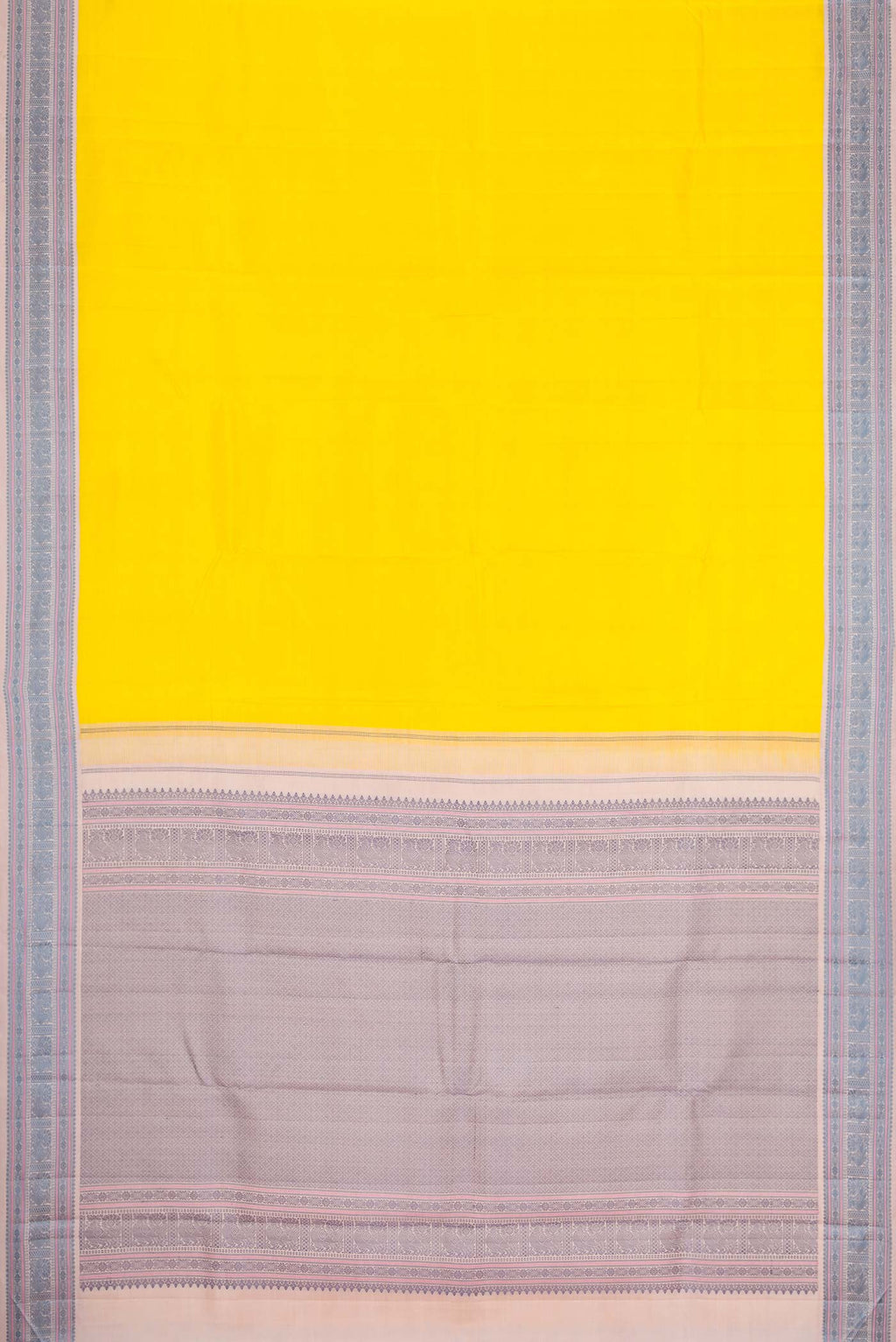Flat view of Yellow Kanchipuram Silk Saree with Plain Body and Thread Border