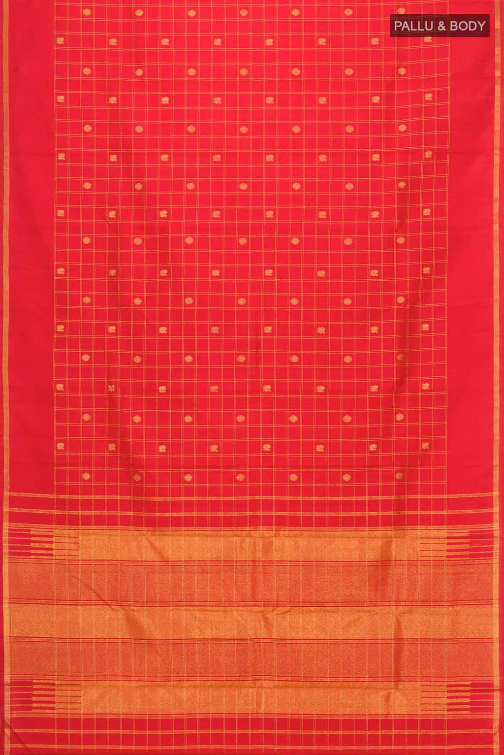 Flat view of Red Kanchipuram Silk Saree with Zari Butta on the body and Zari Border