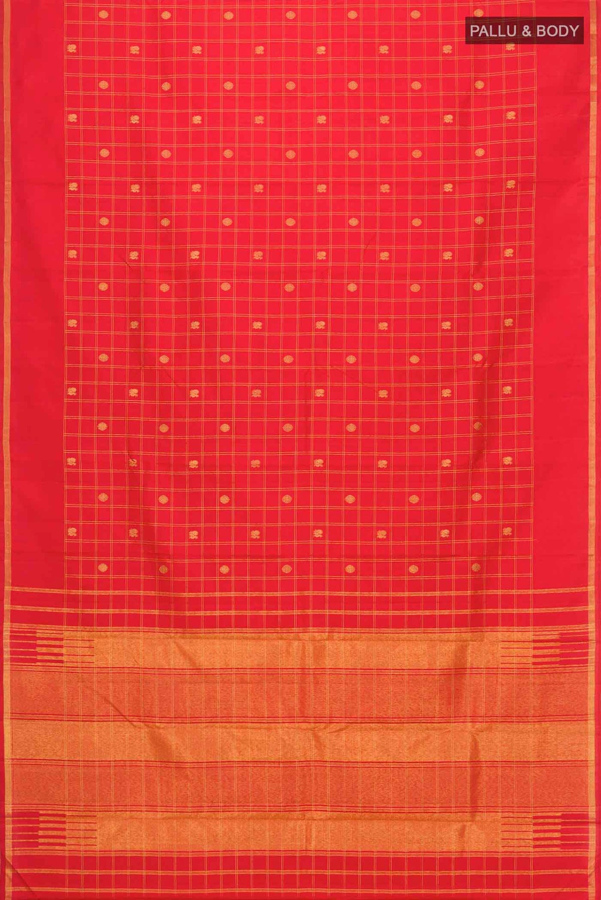 Flat view of Red Kanchipuram Silk Saree with Zari Butta on the body and Zari Border
