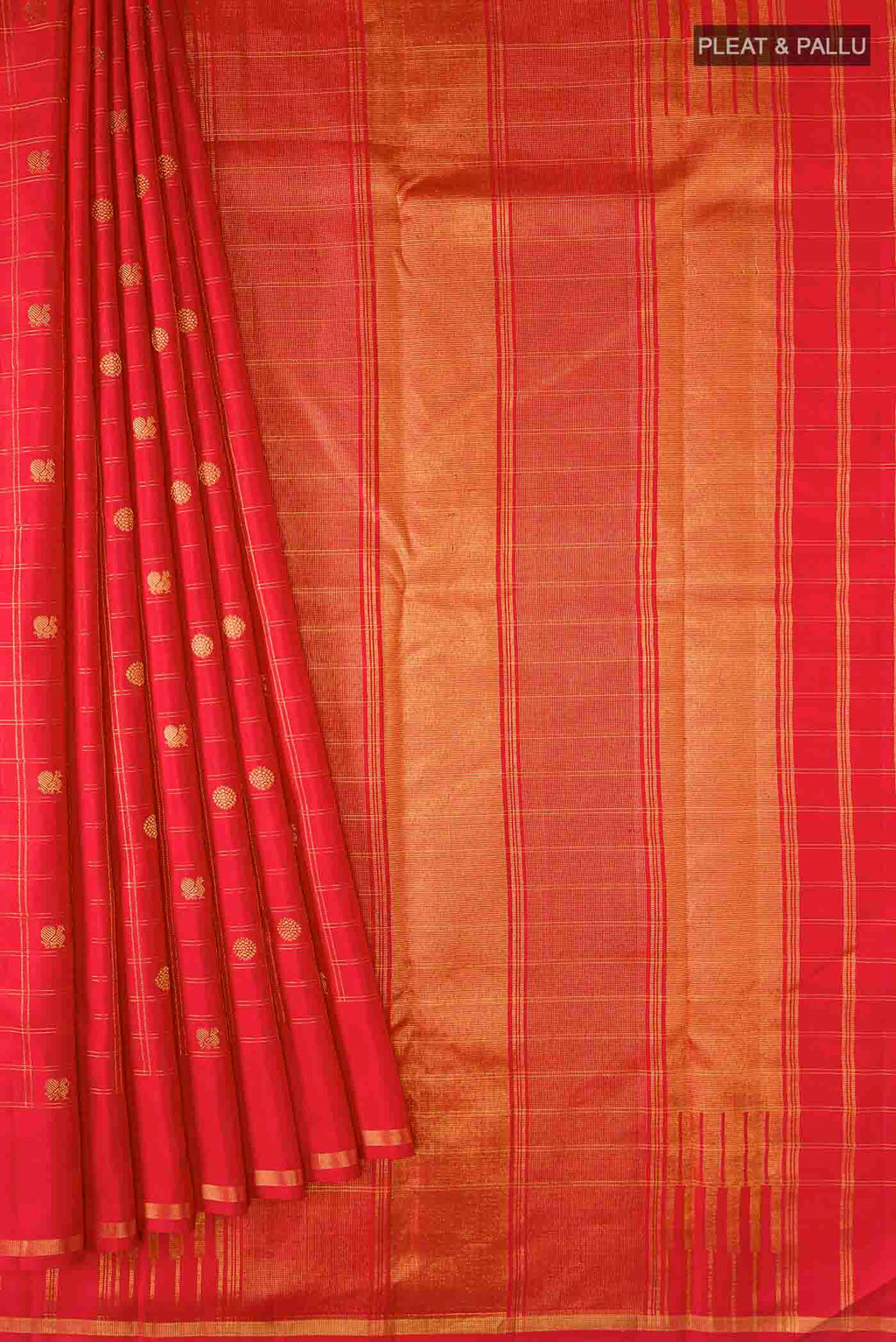 Pleats and pallu of Red Kanchipuram Silk Saree with Zari Butta on the body and Zari Border