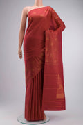 Maroon Kanchipuram Silk Saree with Stripes on the body and Zari Border displayed on a mannequin
