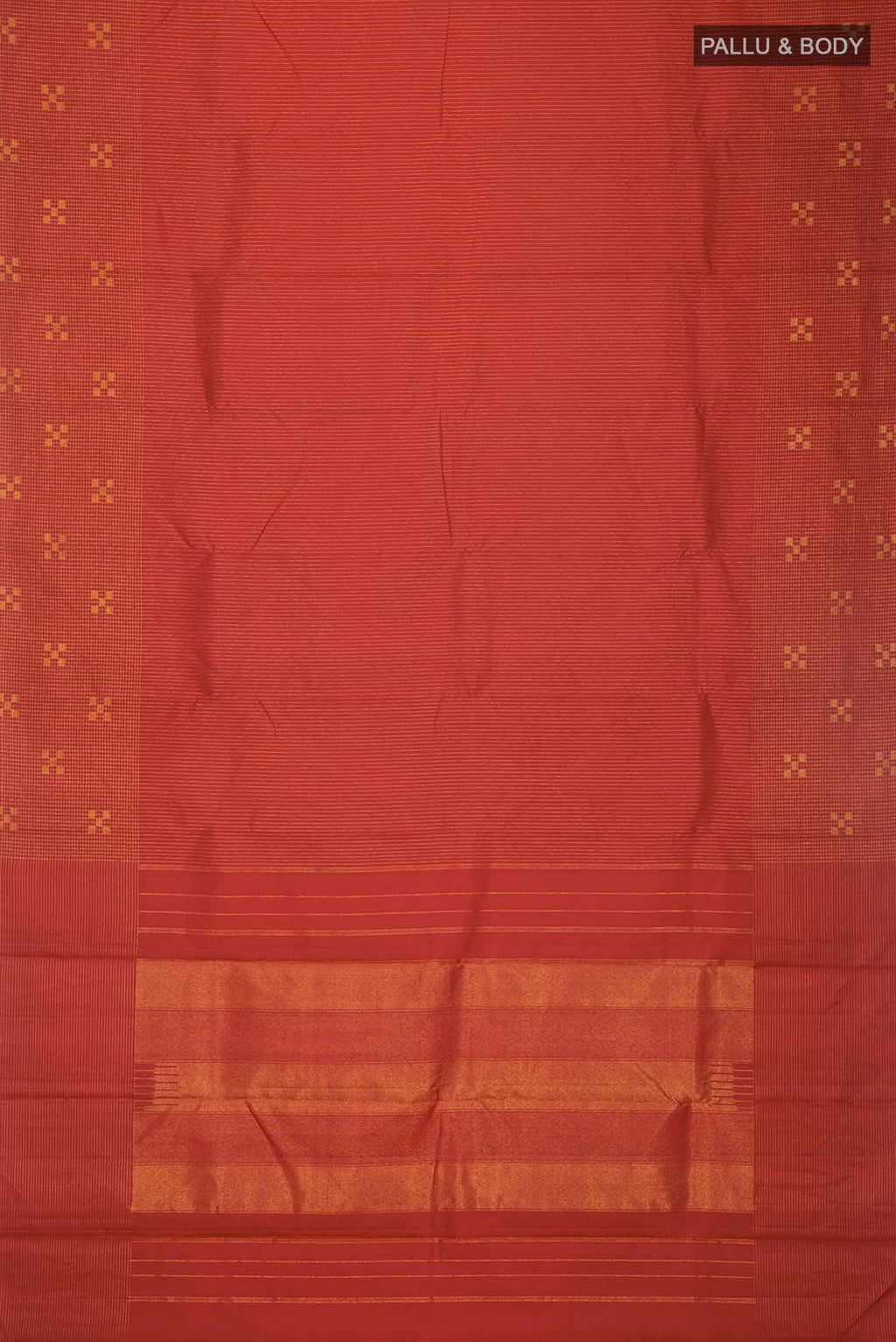 Flat view of Maroon Kanchipuram Silk Saree with Stripes on the body and Zari Border