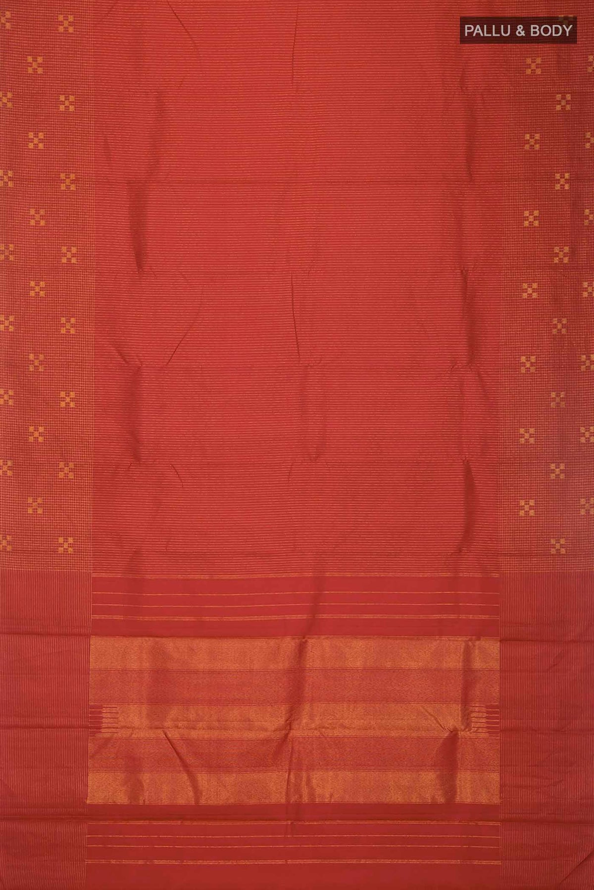 Flat view of Maroon Kanchipuram Silk Saree with Stripes on the body and Zari Border