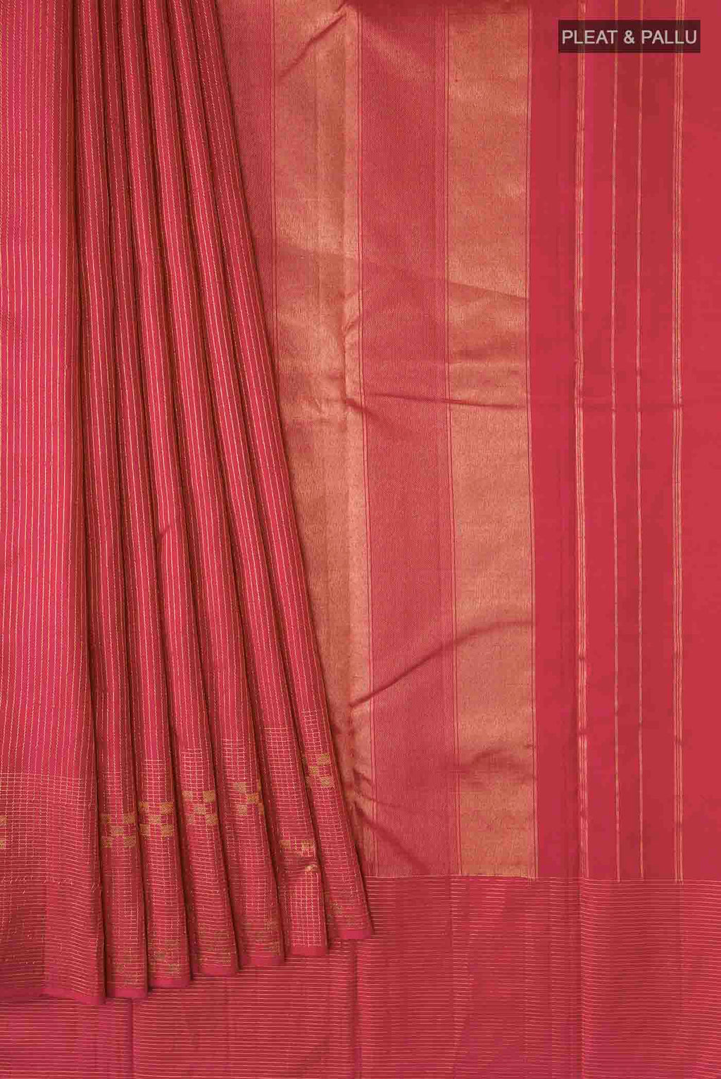 Pleats and pallu of Maroon Kanchipuram Silk Saree with Stripes on the body and Zari Border