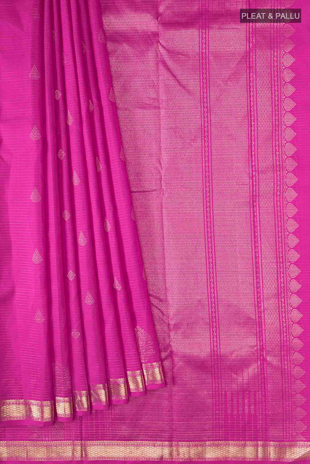 Pleats and pallu of Pink Kanchipuram Silk Saree with Zari Butta on the body and Zari Border