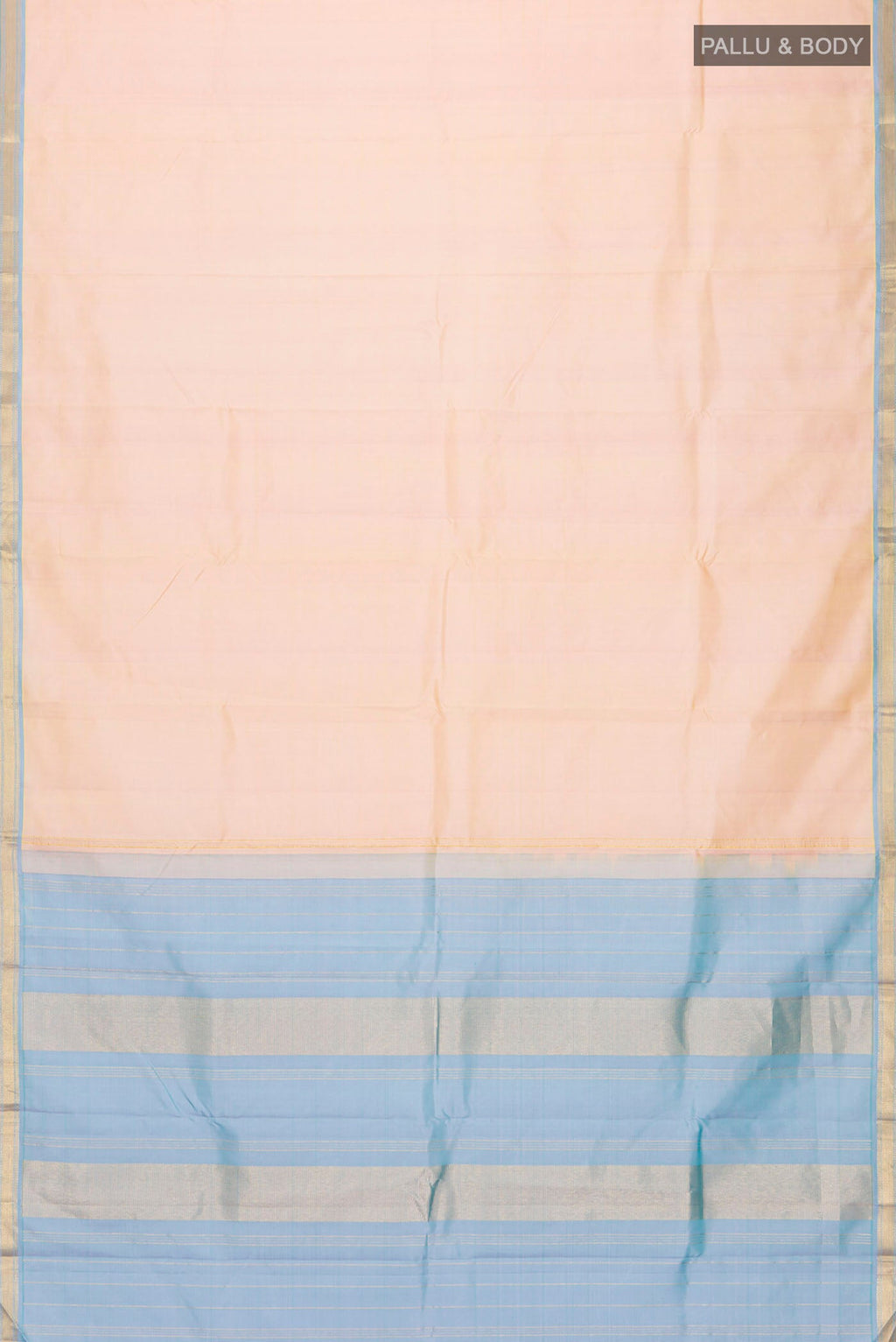 Flat view of Rose Gold Kanchipuram Silk Saree with Plain Body and Zari Border