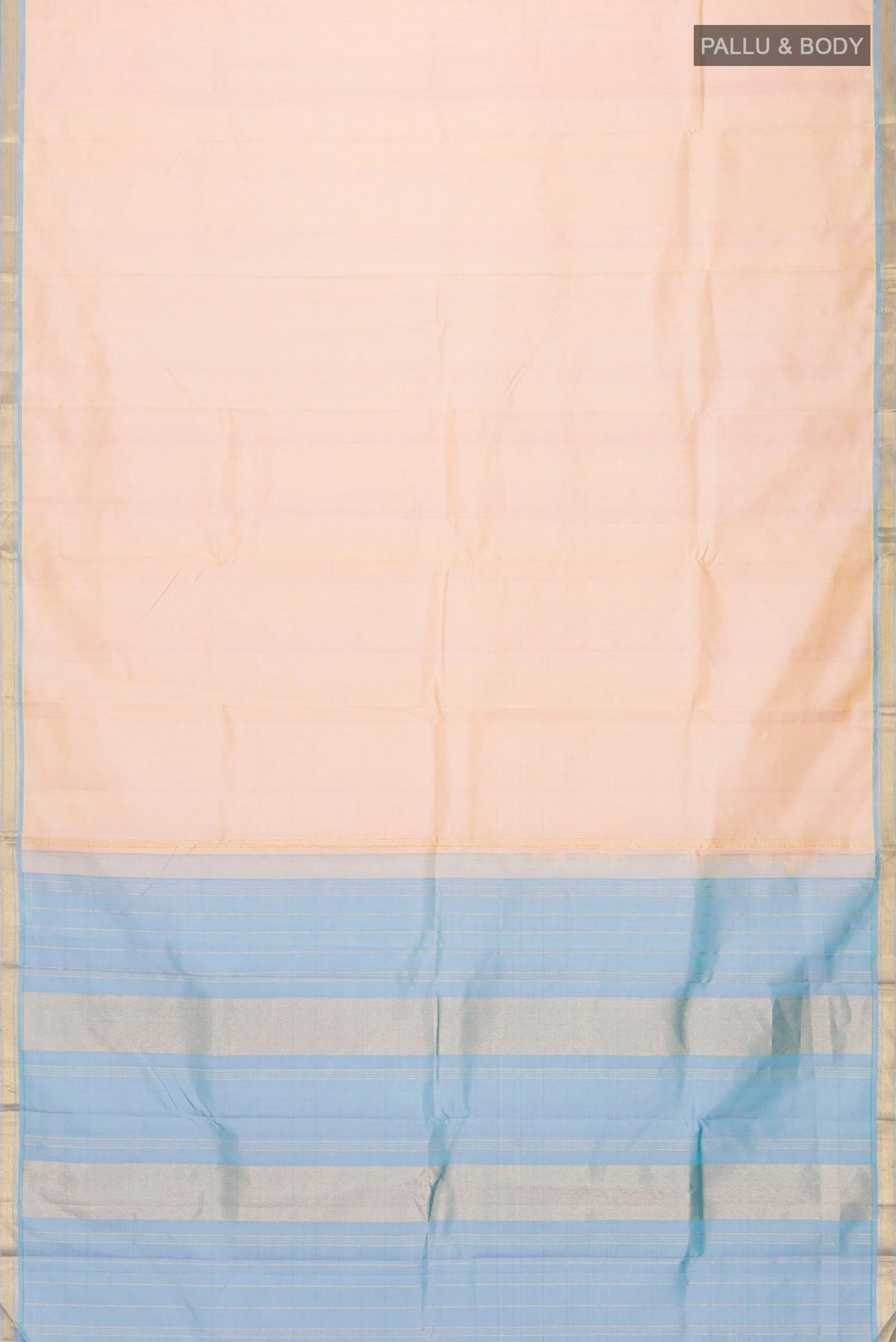 Flat view of Rose Gold Kanchipuram Silk Saree with Plain Body and Zari Border