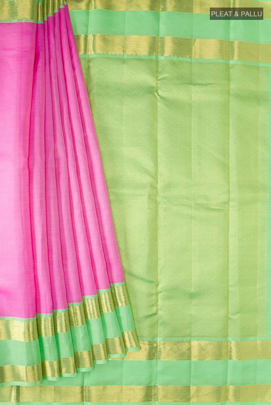 Pleats and pallu of Pink Kanchipuram Silk Saree with Plain Body and Zari Border