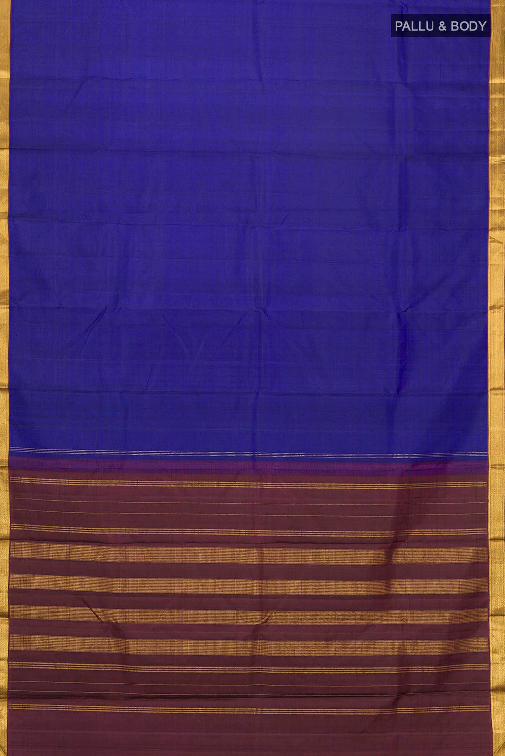 Flat view of Blue Kanchipuram Silk Saree with Plain Body and Zari Border