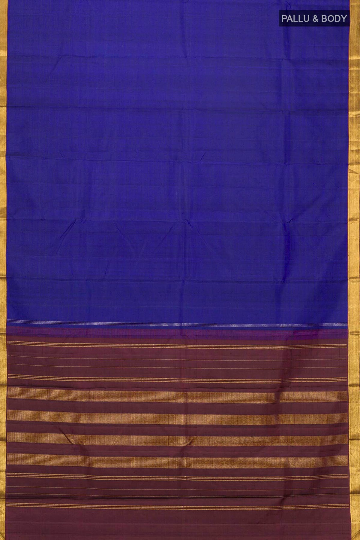 Flat view of Blue Kanchipuram Silk Saree with Plain Body and Zari Border