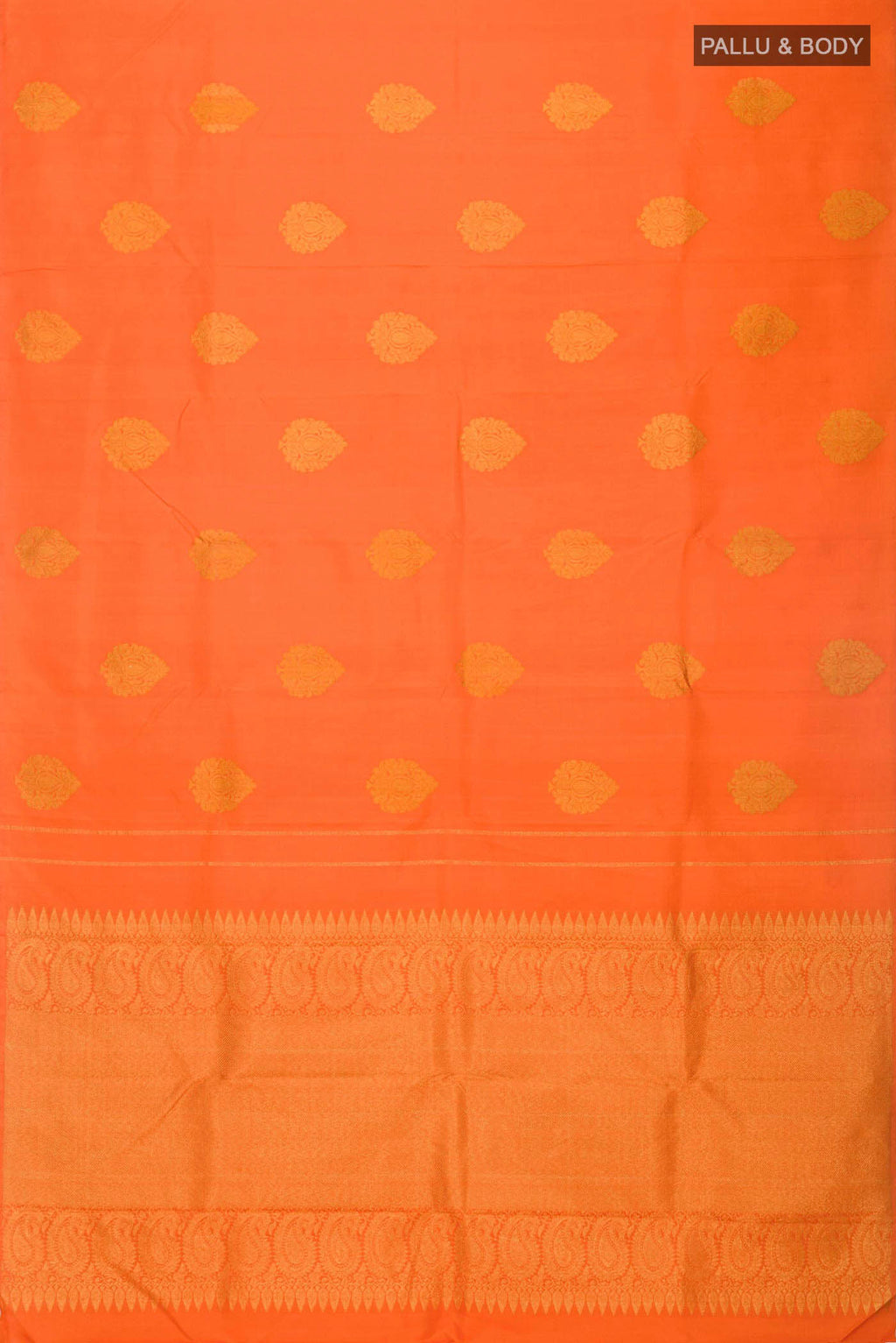Flat view of Orange Kanchipuram Silk Saree with Zari Butta on the body and Without Border