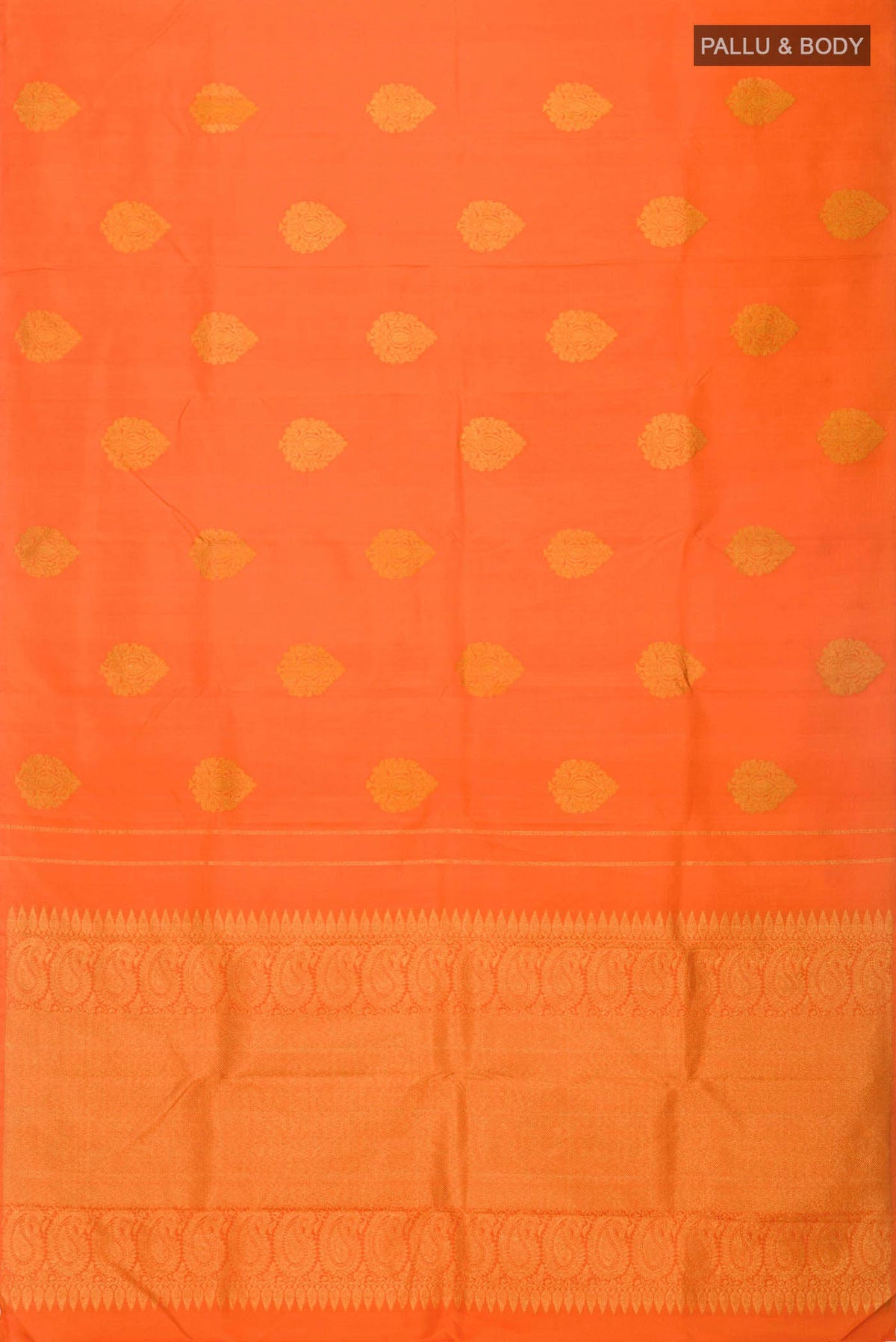 Flat view of Orange Kanchipuram Silk Saree with Zari Butta on the body and Without Border