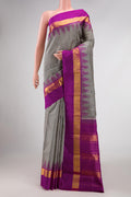Off White Dual Tone Kanchipuram Silk Saree with Plain Body and Temple Border.  displayed on a mannequin