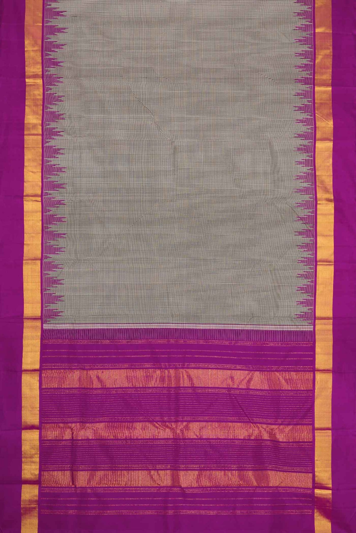 Flat view of Off White Dual Tone Kanchipuram Silk Saree with Plain Body and Temple Border. 