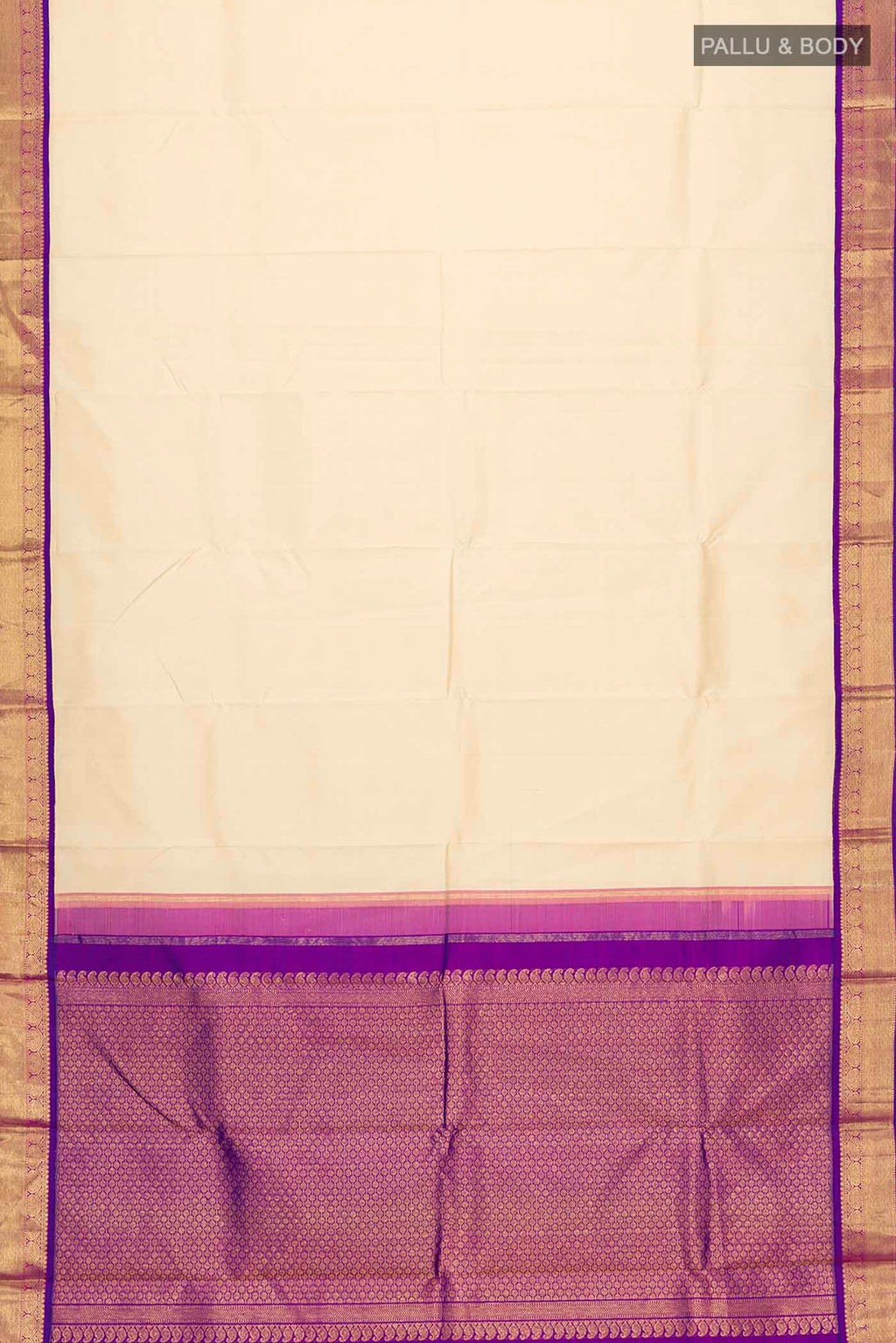 Flat view of Cream Kanchipuram Silk Saree with Plain Body and Zari Border