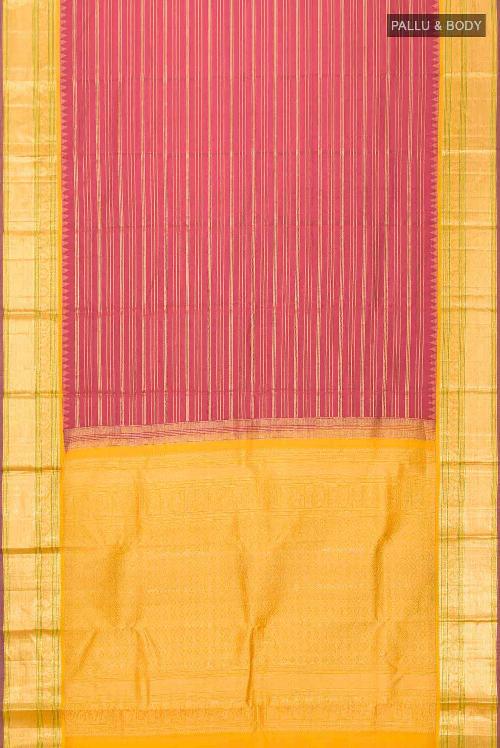 Flat view of Maroon Kanchipuram Silk Saree with Stripes on the body and Zari Border