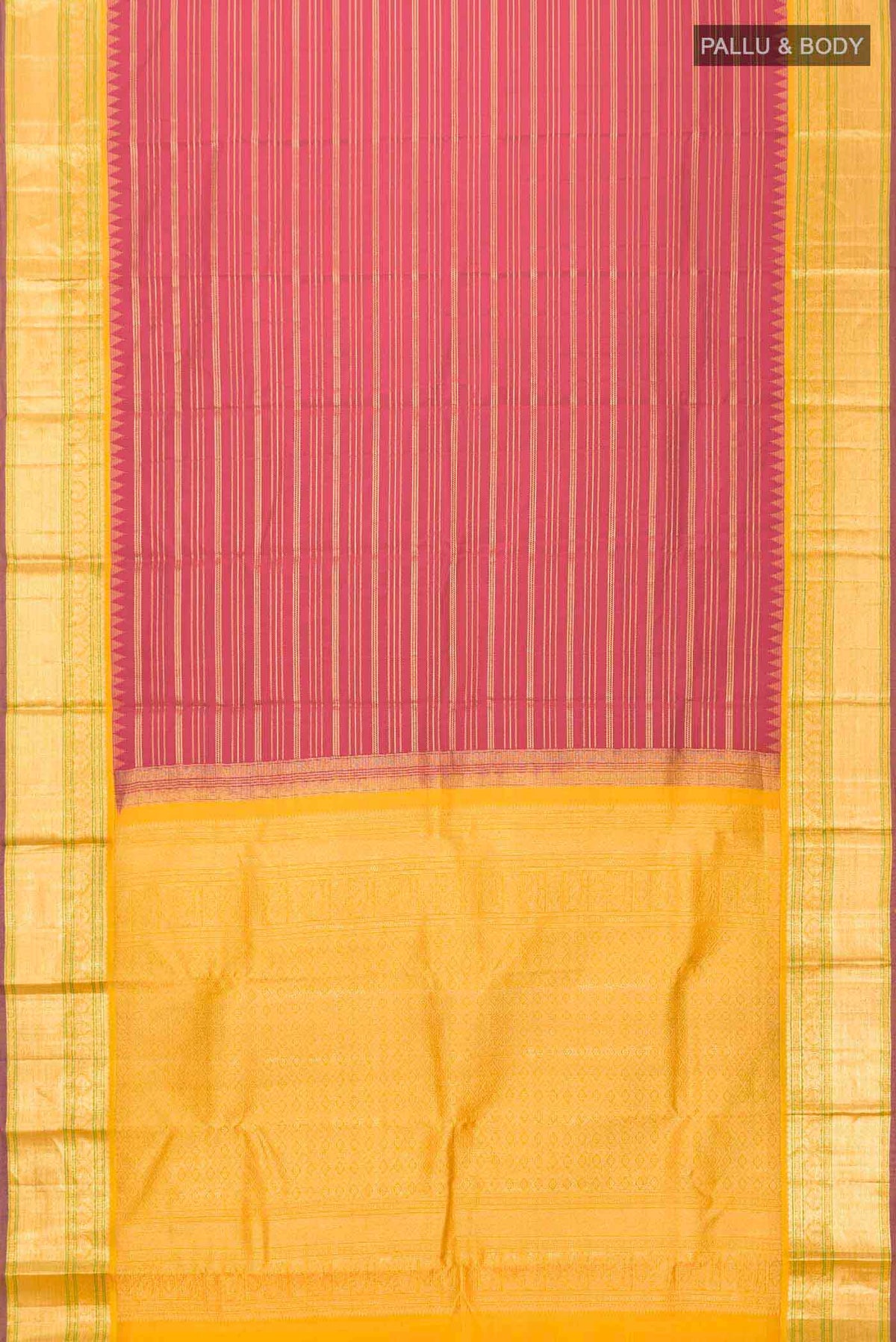 Flat view of Maroon Kanchipuram Silk Saree with Stripes on the body and Zari Border