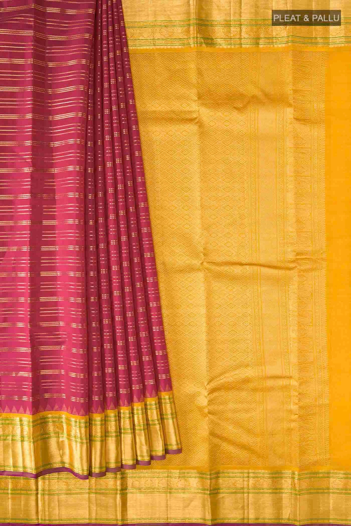 Pleats and pallu of Maroon Kanchipuram Silk Saree with Stripes on the body and Zari Border